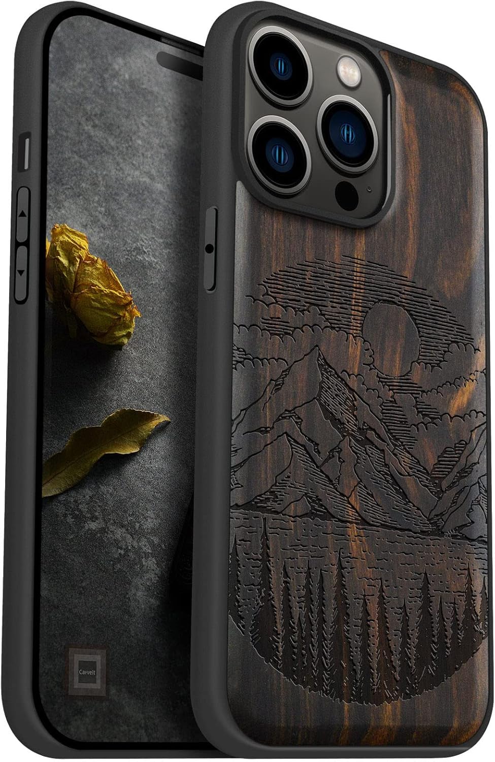 Carveit Magnetic Wood Case for iPhone 14 Pro Max [Natural Wood & Black Soft TPU] Unique & Classy Wooden Shockproof Protective Cover Compatible with magsafe (Alpine Lake -Blackwood)