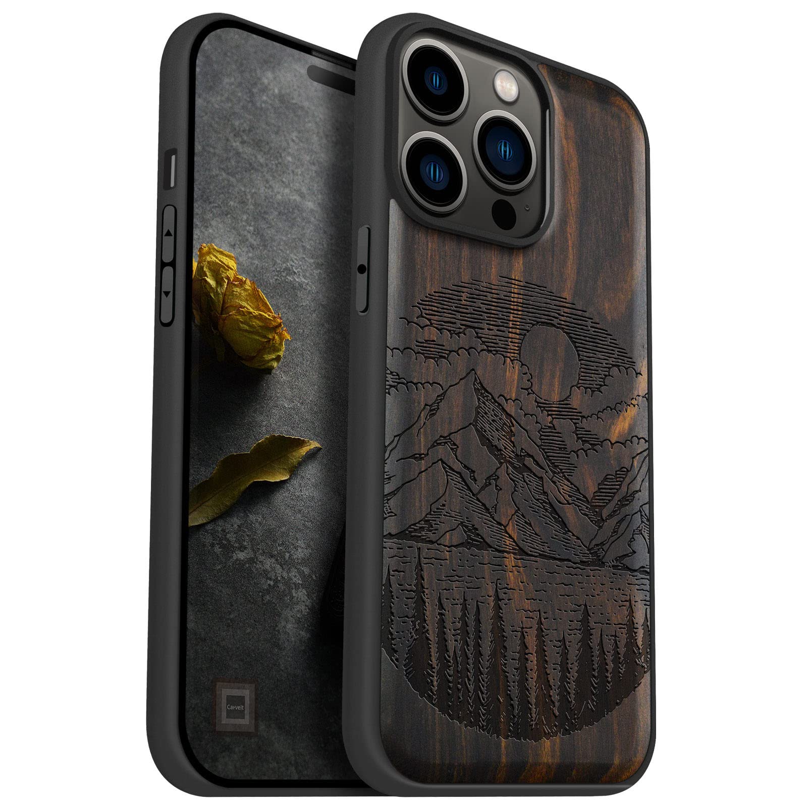 Carveit Magnetic Wood Case for iPhone 14 Pro Max [Natural Wood & Black Soft TPU] Unique & Classy Wooden Shockproof Protective Cover Compatible with