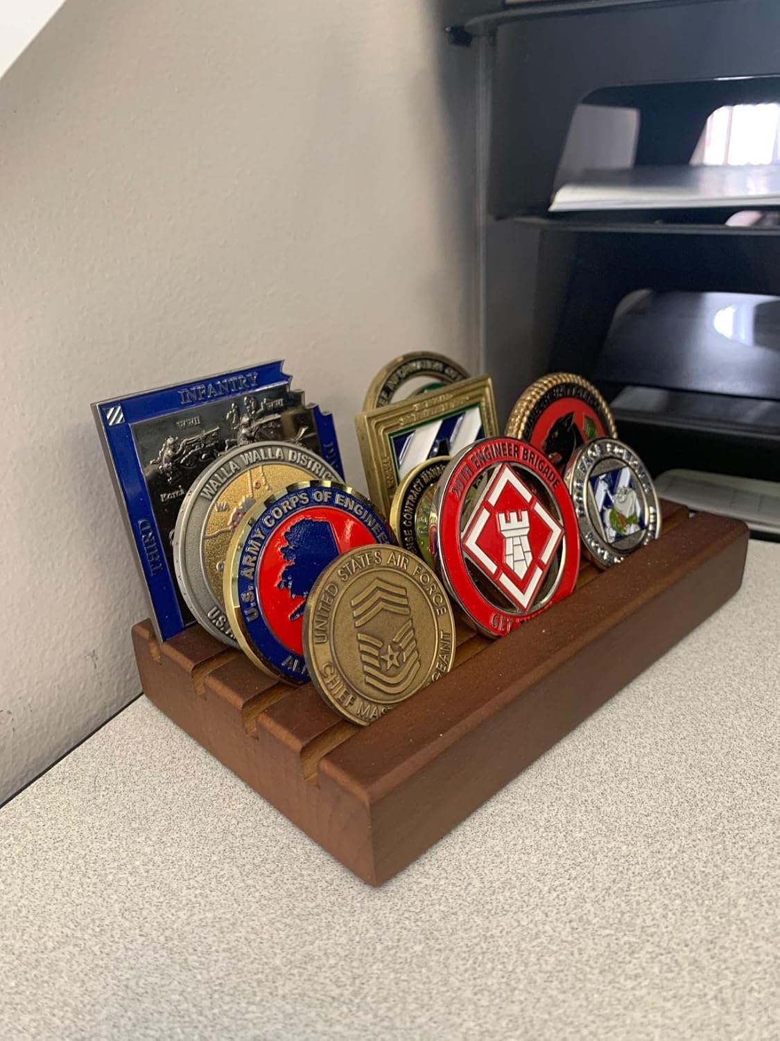 DisplayGifts Challenge Coin Display Stand Wooden Holder Rack Case Holds 12 Military Coins (Walnut Finish)