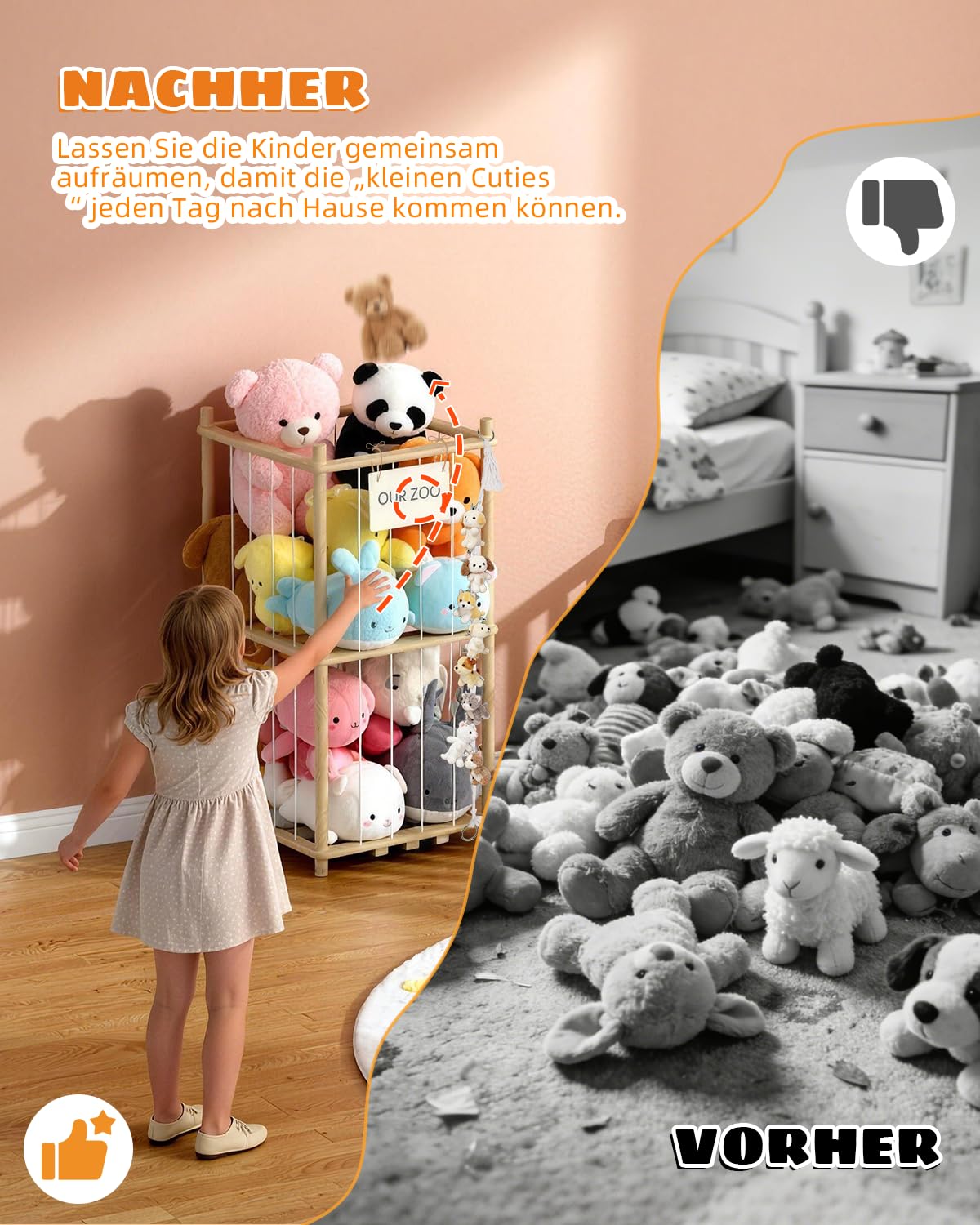 JINDUN Kuscheltier Aufbewahrung Aus Holz, 95cm Höhe Aufbewahrung Kuscheltiere, mit Stofftier AufbewahrungHängend, für Kinderzimmer/Wohnzimmer