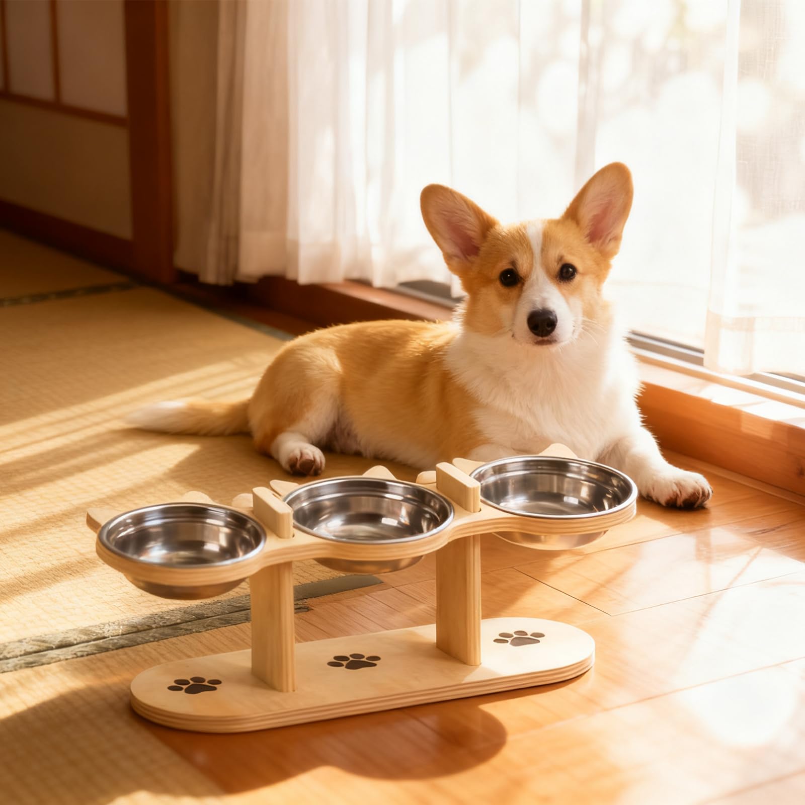 GOMETY Lot de 3 gamelles surélevées 3 en 1 pour chat avec 3 gamelles en acier inoxydable - Hauteur réglable - Avec support en bois - Gamelle ergonomique pour petits chiens