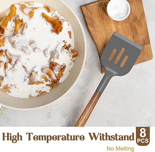 Miniatura 10 de Umite Chef - Juego de utensilios de cocina de silicona 8 piezas con asas de madera de acacia natural cabezales de silicona de grado alimenticio
