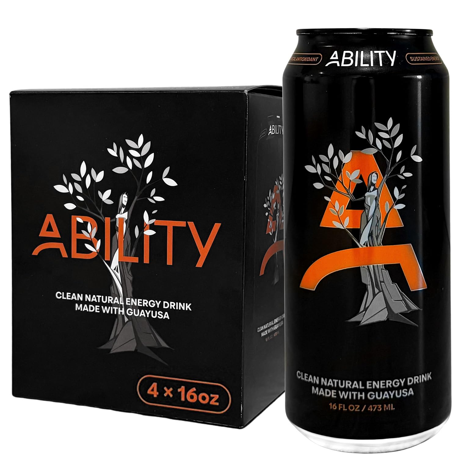 Ability Natural Energy Drink, 275mg Organic Caffeine with Guayusa, No Crash No Jitters, Citrus Flavor, B-Vitamins, Antioxidants, No Artificial Sweeteners, Clean Energy Drink - 4 Pack