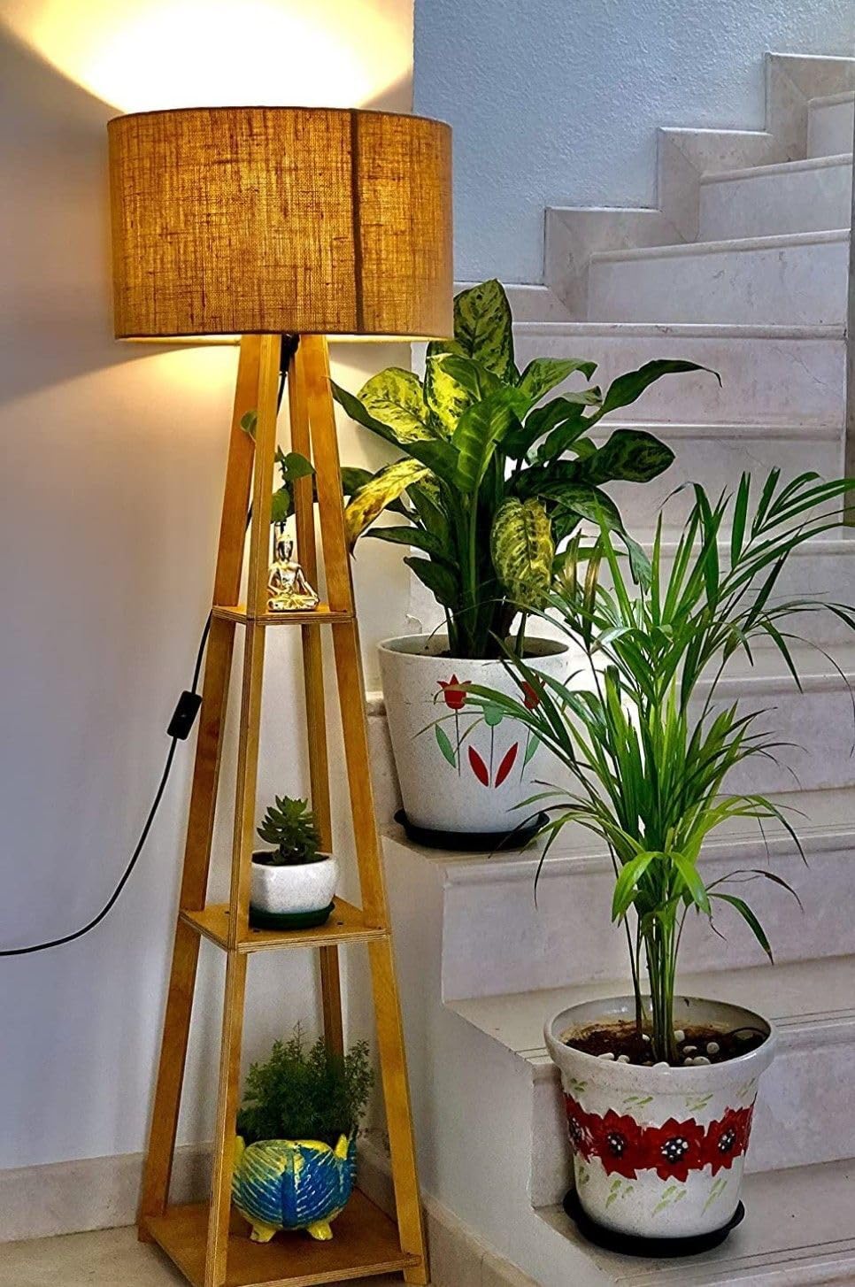 Wooden Tripod Floor Lamp with Shelves 4.3 Ft Tall Standing Lamp with Beige Shade Included Mid Century Modern Floor Light for Living Room, Bedroom (Floor_Lamp_with LED Bulb_4'3Ft-2 Set)