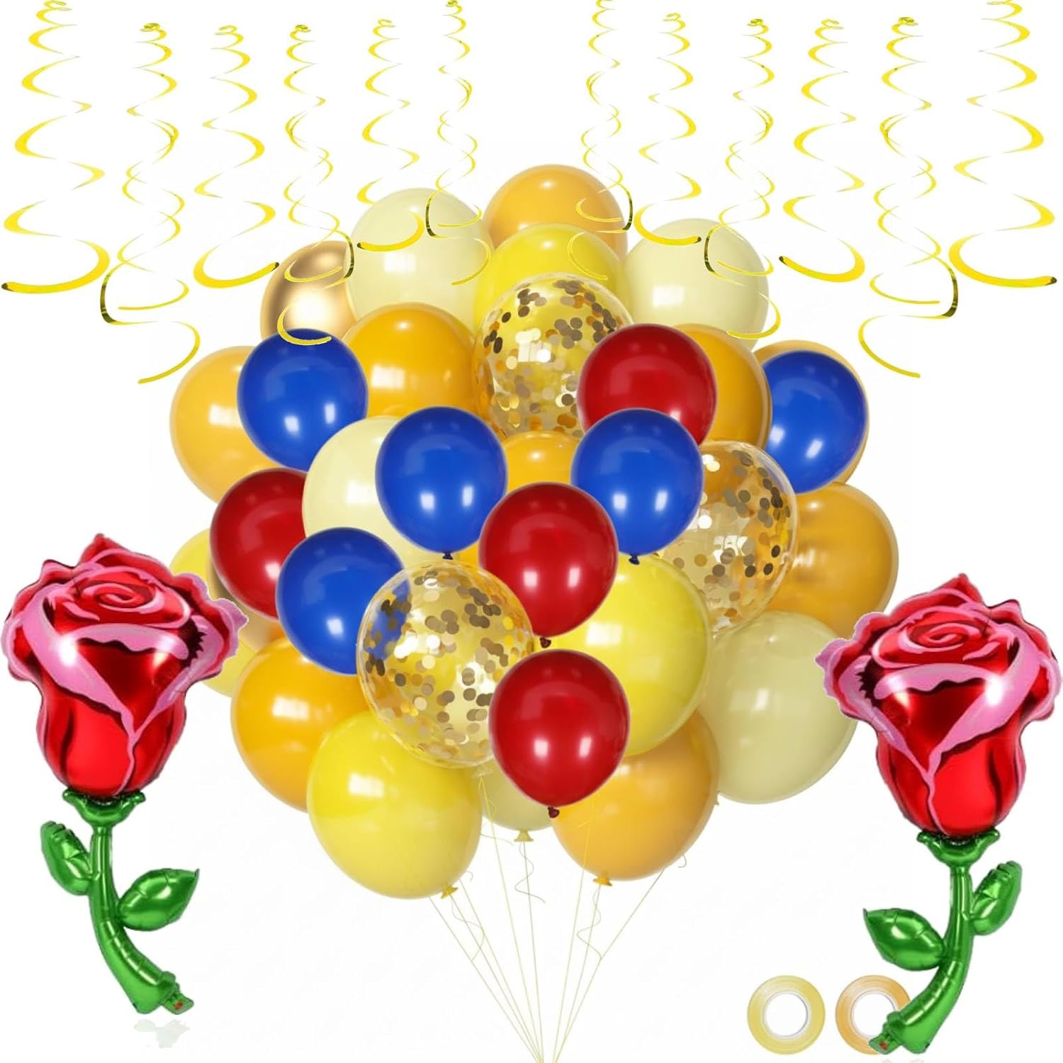 Suncalla 91 Pcs Yellow Blue Gold Birthday Party Decoration Balloons Set, Gold Confetti and Red Rose Foil Balloons, Hanging Swirls for Women Girls Wedding Engagement Birthday Princess Party Supplies
