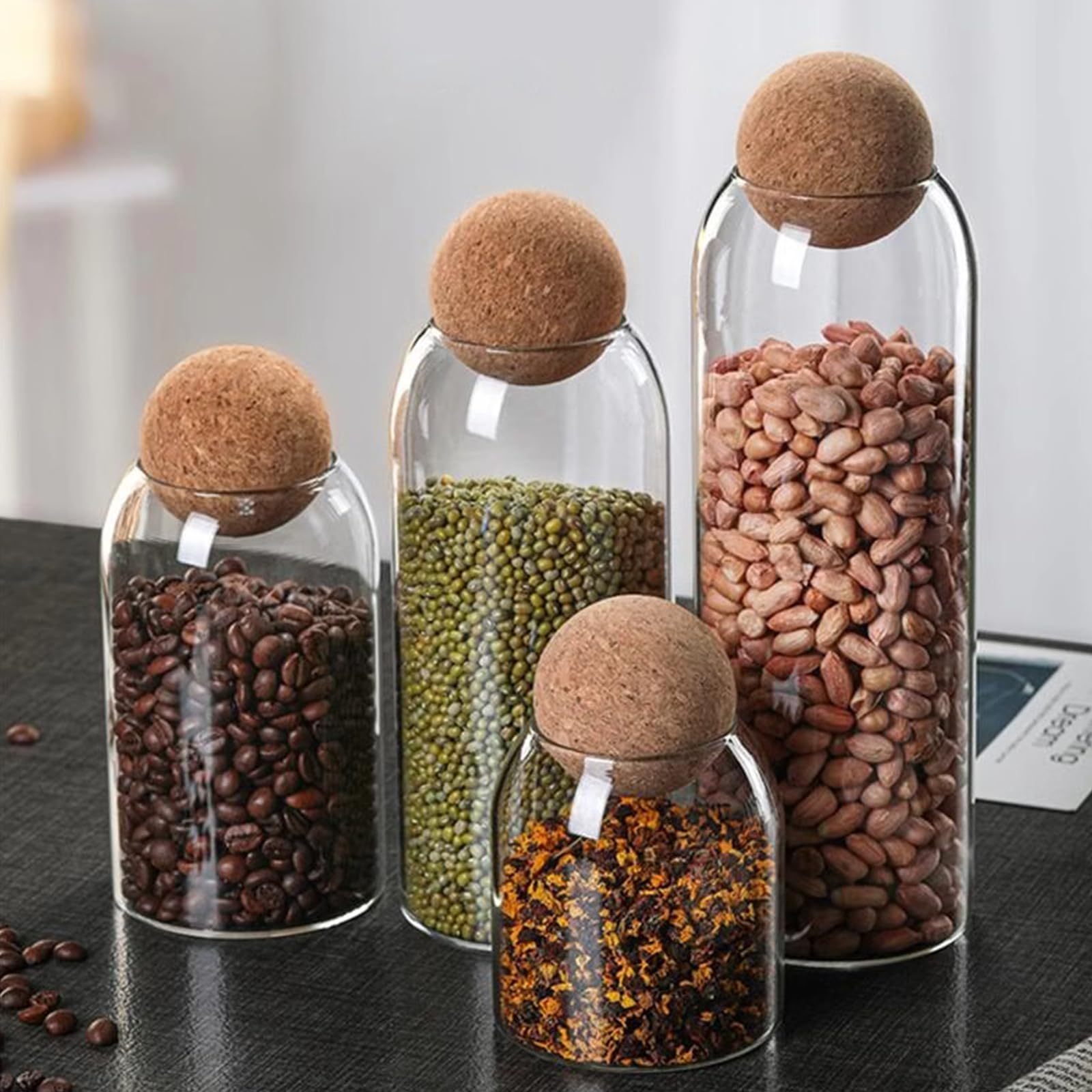 Juego de 4 tarros de cristal con tapa de corcho, 500 + 800 + 1000 + 1300 ml de cristal hermético, para alimentos, cocina, tarros de almacenamiento, para galletas, café, azúcar, especias