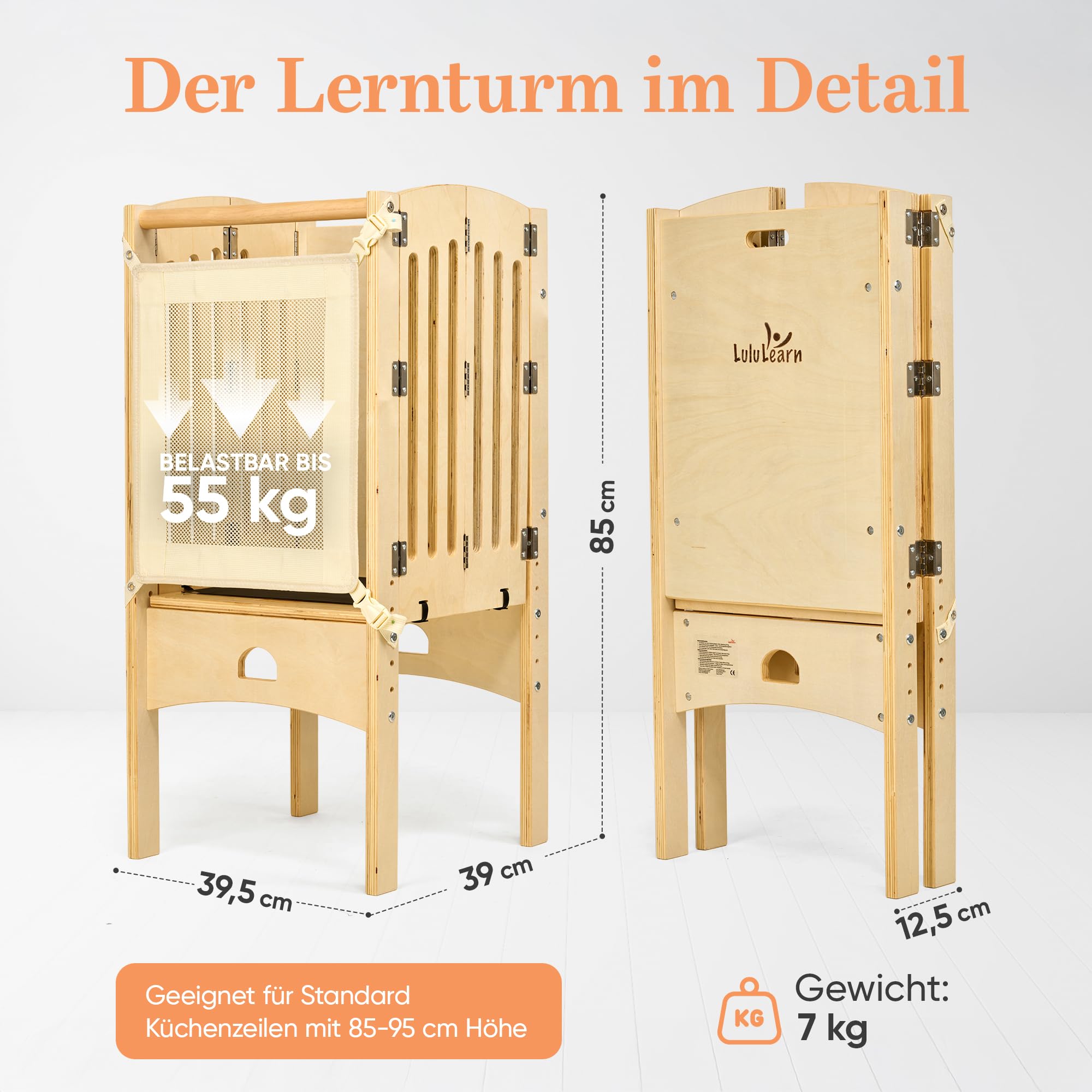 Lernturm ab 1 Jahr [FALTBAR] – Montessori Learning Tower, vormontiert, höhenverstellbar & extra sicher | Platzsparender Tritthocker für Küche & Alltag (Natural)