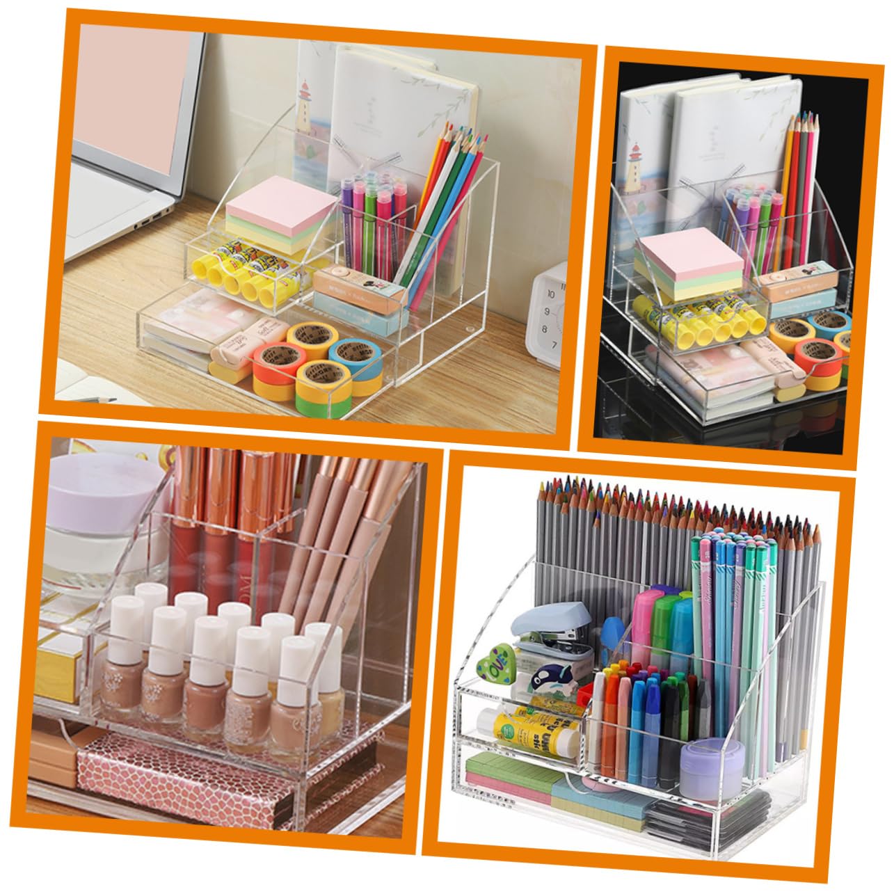 Amosfun Organizzatore Per Cancelleria Contenitore Portaoggetti in Acrilico Con Cassetto Per Ufficio Scrivania Piano Di Lavoro Facile Accesso Trasparente