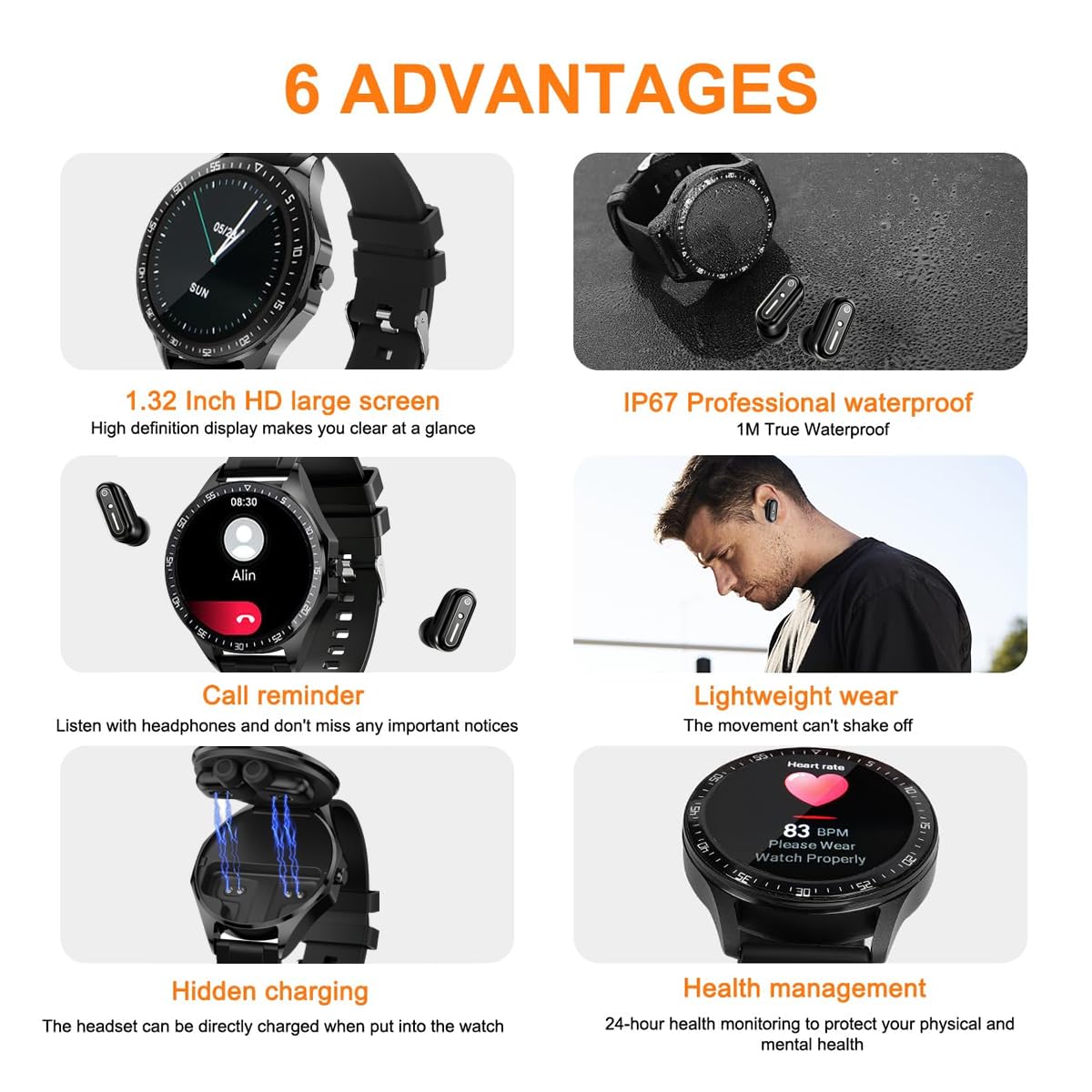 Smartwatch mit Ohrhörern, 3,5 cm runde Fitnessuhr X7, 2-in-1-Bluetooth-Uhr mit Schritt, Kalorien, Schlafmonitor, Herzfrequenz-Blutdruck-Monitor für iOS & Android
