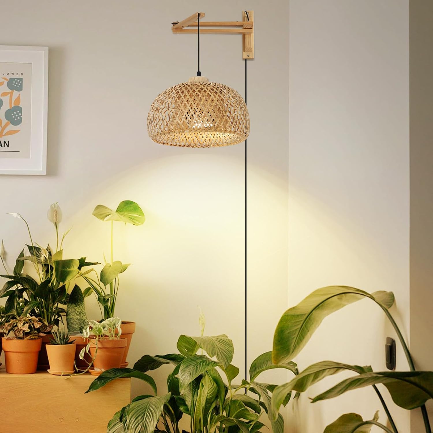 HMVPL Hanging Grow Lights for Indoor Plants Full Spectrum, Boho Plant Lights for Indoor Growing with 20W COB Grow Light Bulb, Bamboo Wall Mounted Grow Light with Swing Arm, Timer for Large Small Plant - Image 7