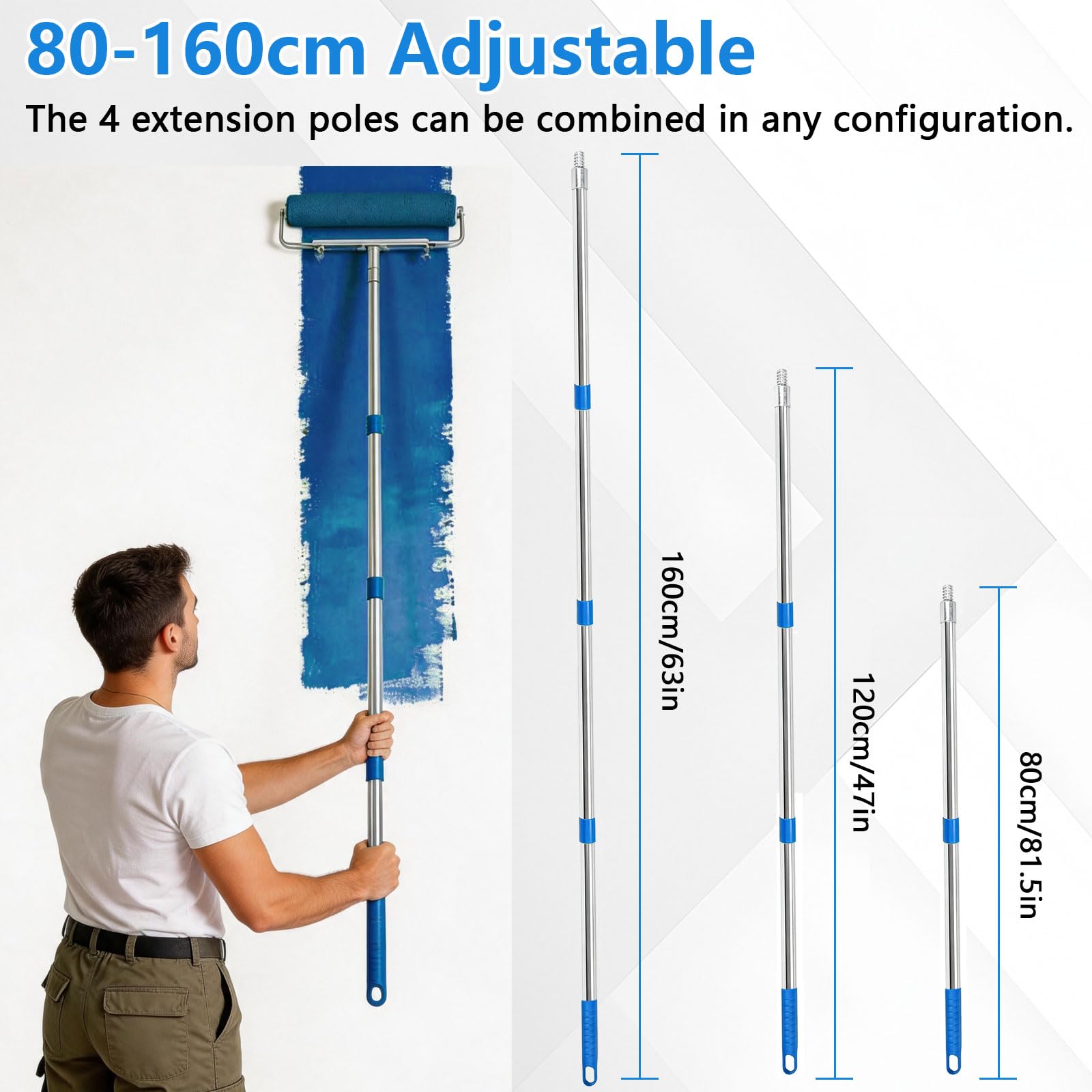 Set di rulli da pittura da 45,7 cm, kit completo di rulli per vernice, vassoio con ruote, 4 aste di estensione da 42 cm, 2 pennelli, telaio a rullo regolabile, rullo lungo per pareti e soffitti