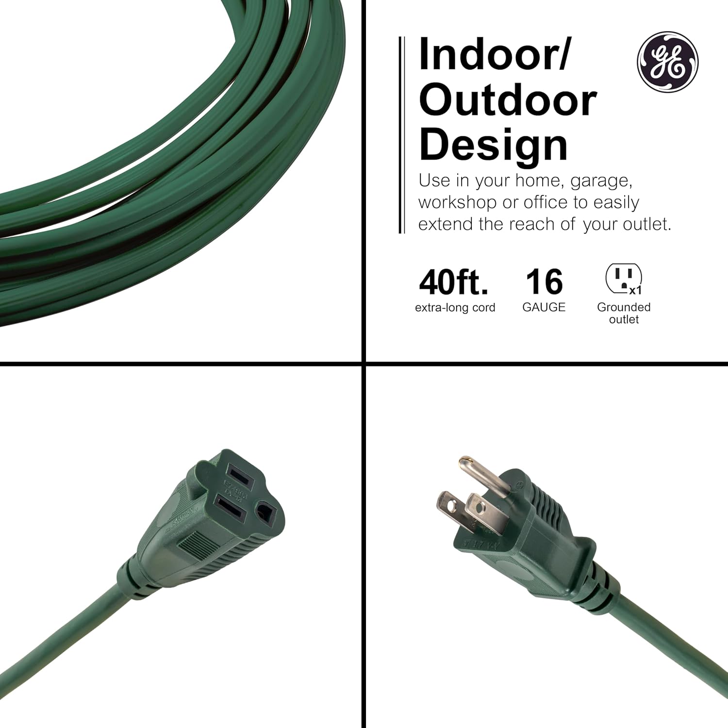 GE Outdoor Extension Cord, 40 Ft, Grounded Heavy Duty Extension Cord, 16AWG | 3 Prong Outdoor, Extension Cord, ETL Listed, Green, 81601