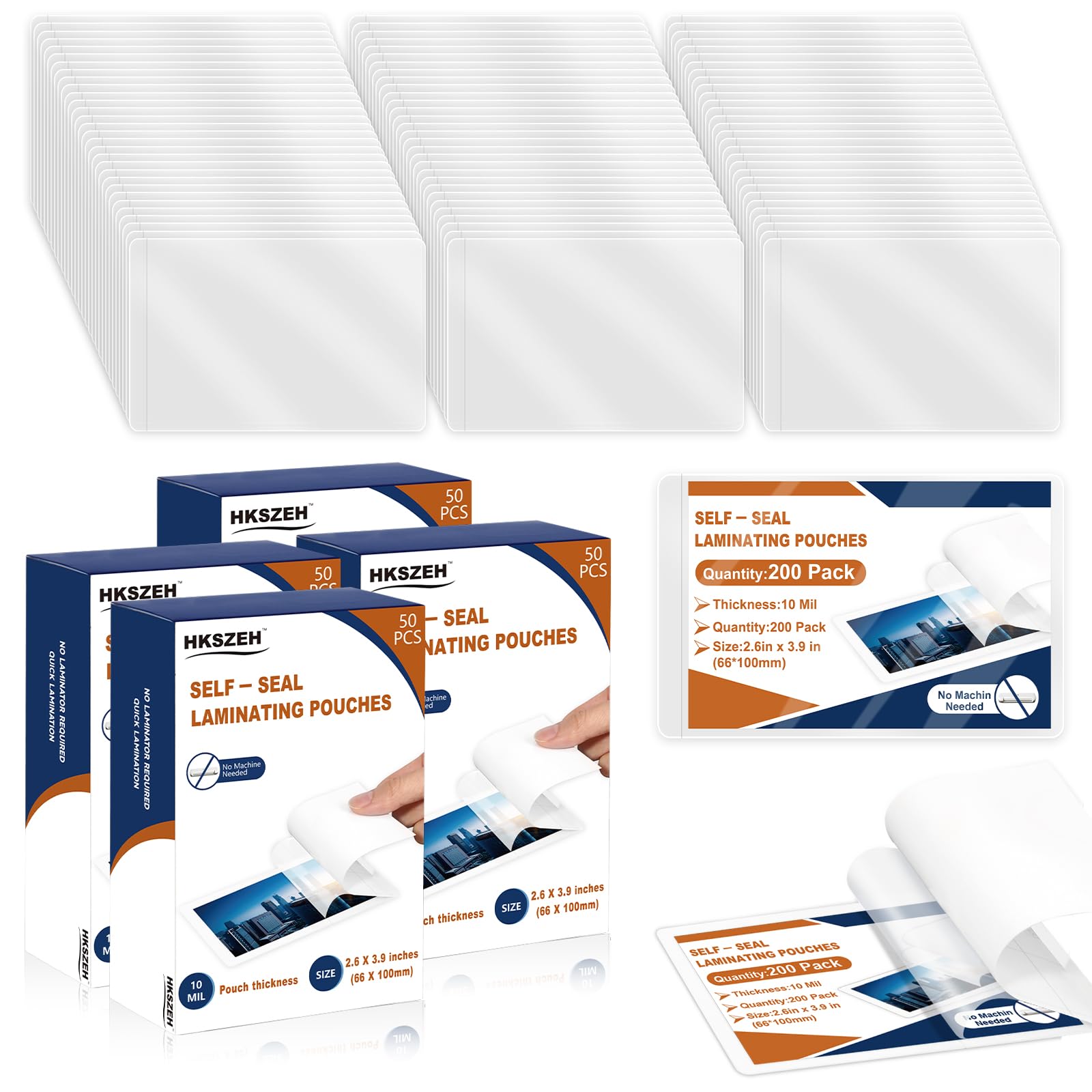 200 Pack 10 Mil Business Card Size Self Sealing Laminating Pouches 2“×3.5” Plastic Laminating Sheets 2.6"x3.9" Clear Lamination Paper for Office School Home Supplies Glossy Finish(No Laminator Need)