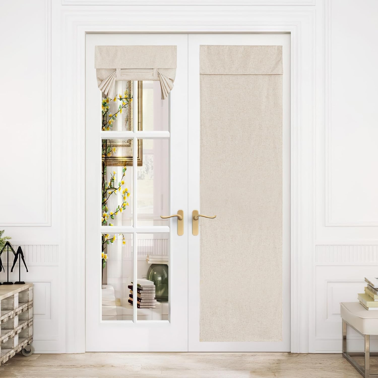 NICETOWN Linen Front Door Curtains for Glass Window, Farmhouse 100% Blackout & French Door Shade for Kitchen, Living Room, 26x80 inch, Beige, 1 Panel