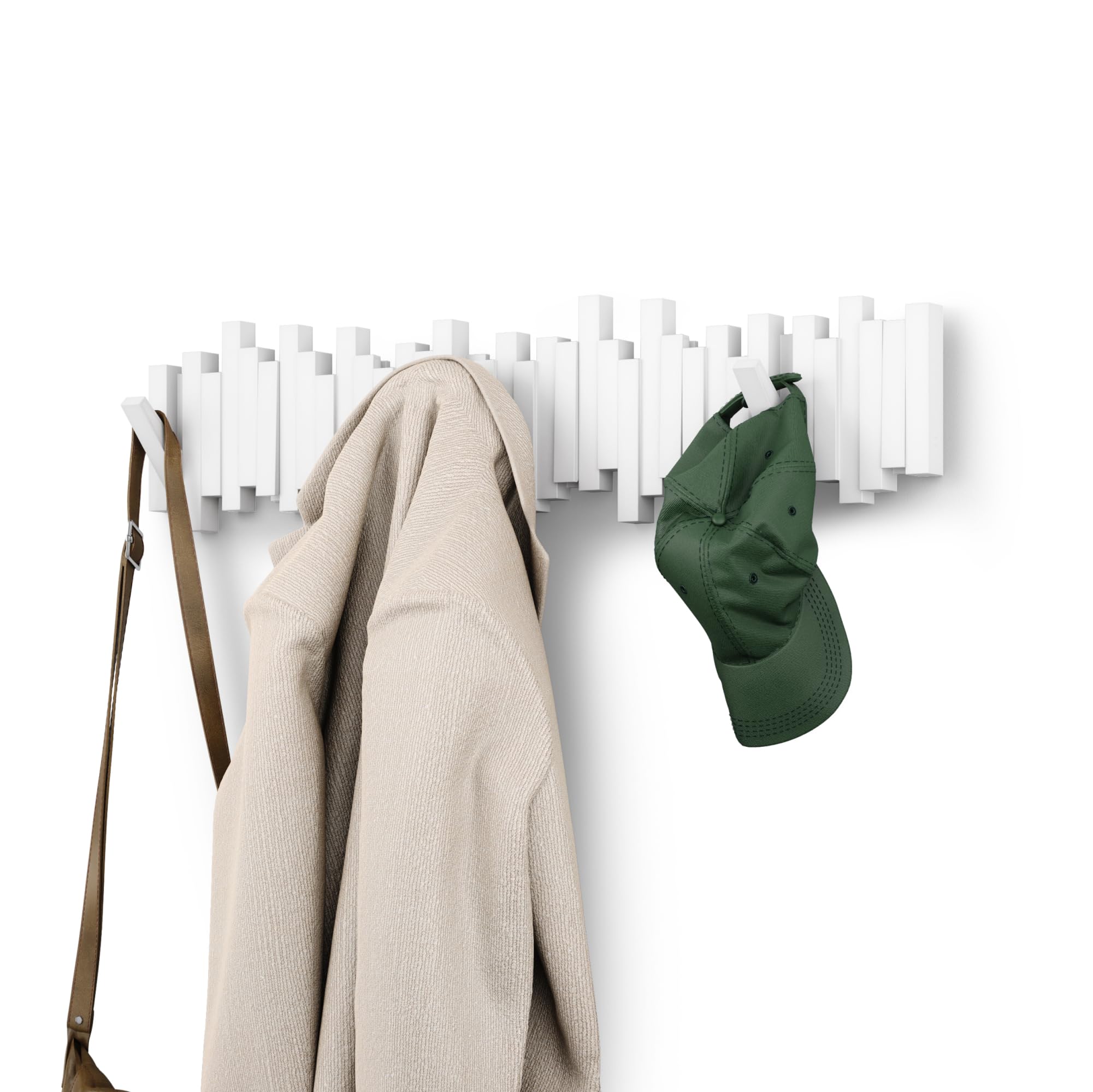 Umbra Sticks Wall-Mounted Coat Rack Rail Hook with 8 Retractable Pegs – Modern, Space-Saving Storage Organizer, White