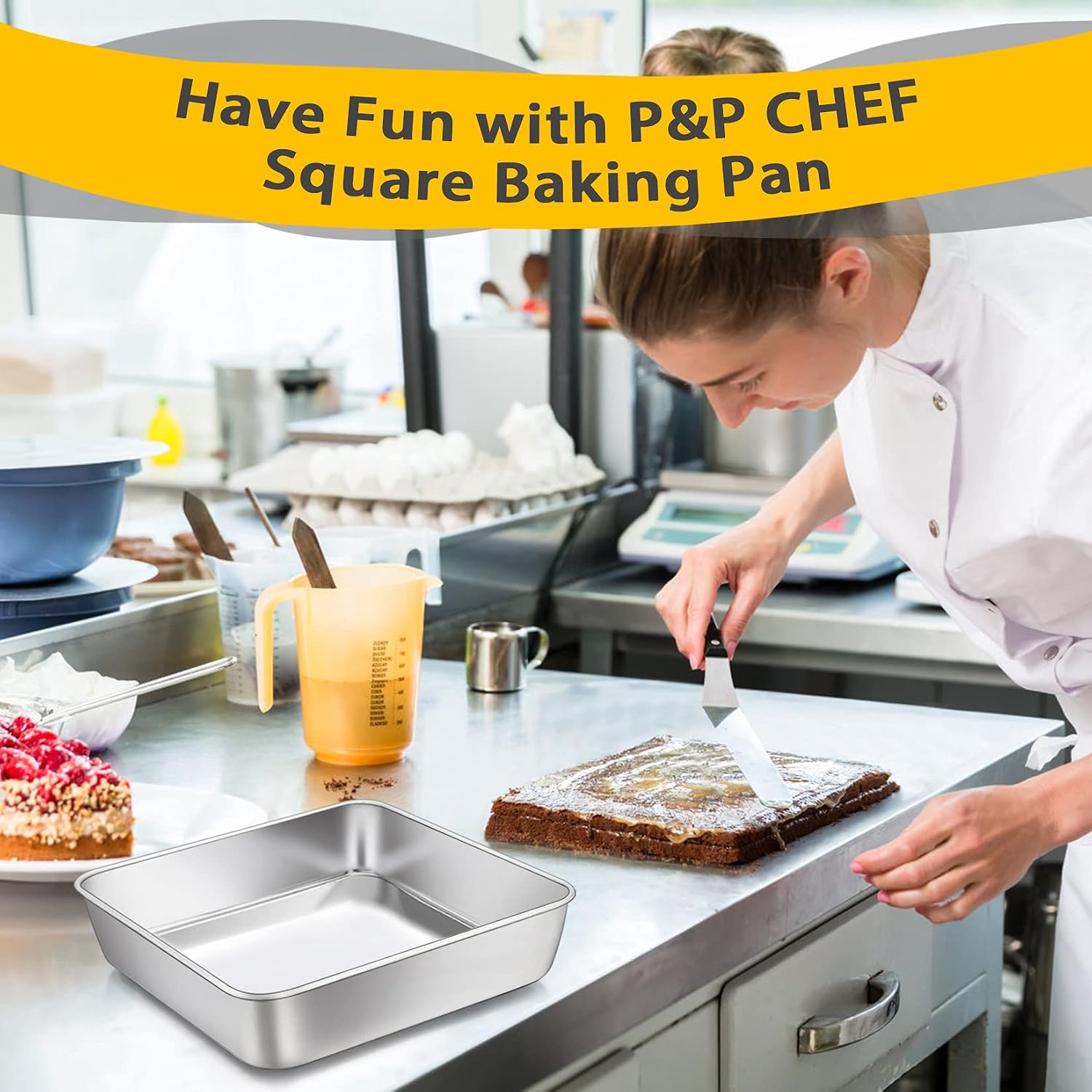 P&P CHEF Square Baking Cake Pans, Small Stainless Steel Lasagna Brownie Pan For Birthday Cake Bread Pie, Non-toxic & Durable, Smooth Rim & Leakproof, Oven & Dishwasher Safe, 9 Inch & 2 Pcs