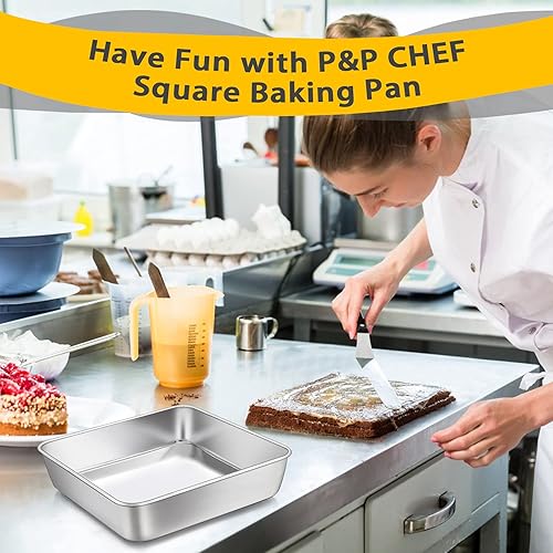 Miniatura 4 de P&P CHEF Molde cuadrado para hornear pasteles (9 pulgadas), bandeja cuadrada de acero inoxidable para lasaña y brownie, bandeja para pastel de