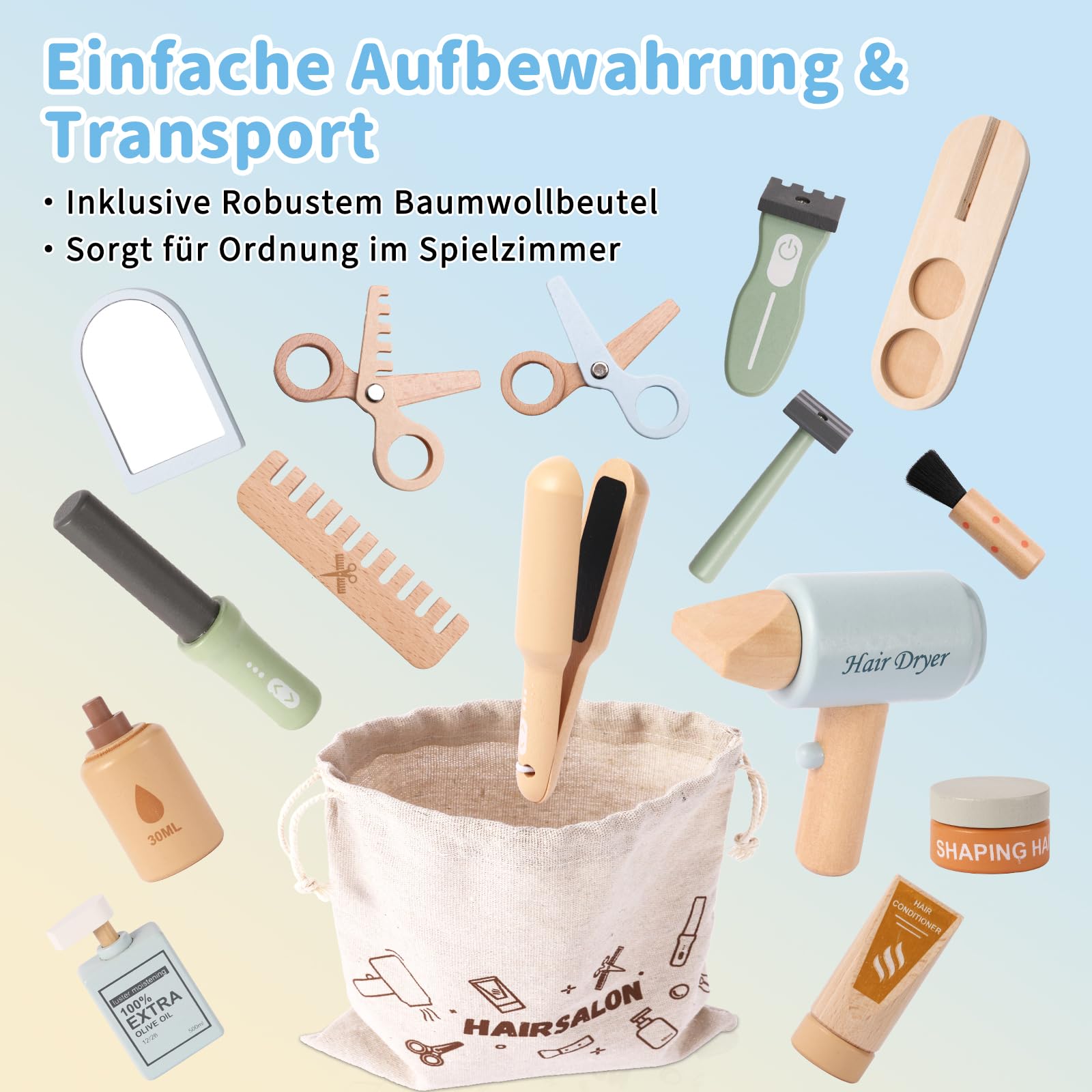 FIIOEOY Holz Friseur Set Kinder, Frisör Spielzeug mit Haartrockner, Lockenstab, Kamm & Rasierzubehör, Friseur Zubehör Rollenspiel Holzspielzeug Geschenk für Mädchen Jungen ab 3 4 5 Jahre