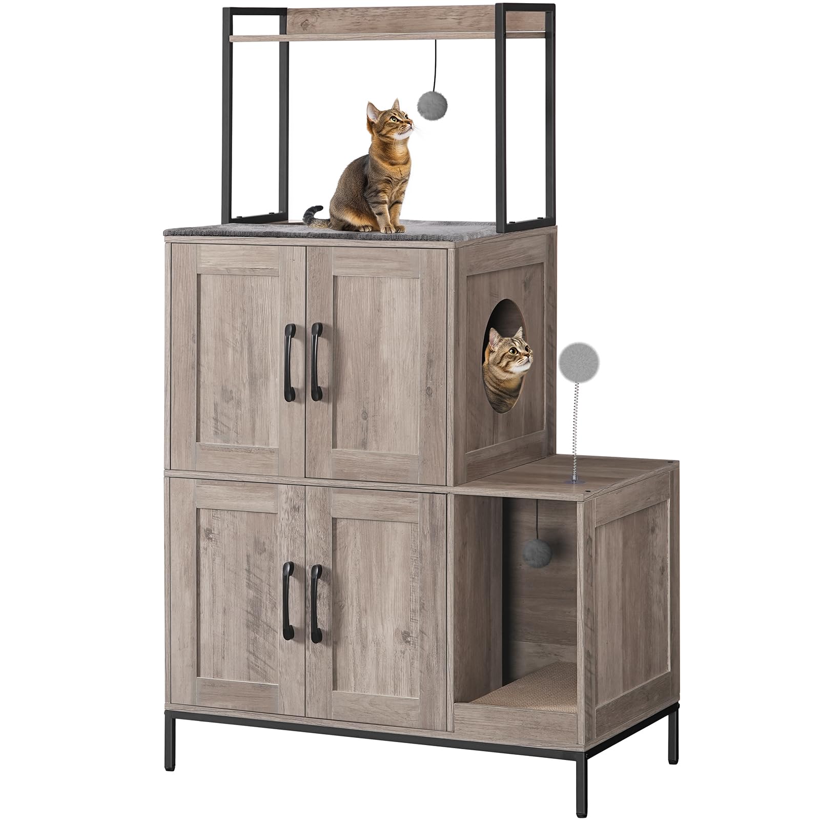 HOOBRO Cat Litter Box Enclosure Furniture, 2 in 1 Hidden Litter Box Furniture with Shelf, Double Litter Box Cabinet with 2 Dangling Plush Balls and 1