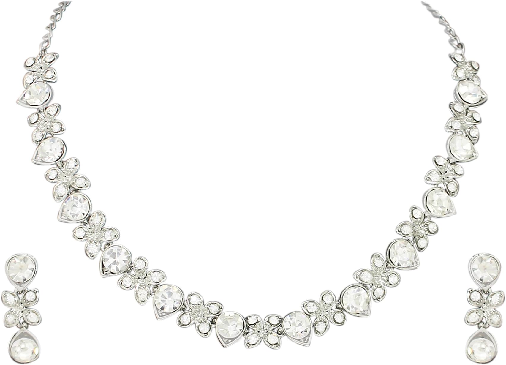 Princess Style AD Crystals/Stones Necklace with Earrings Jewellery Set for Women/Girls - Wedding Jewelry/Party & Festival Accessories