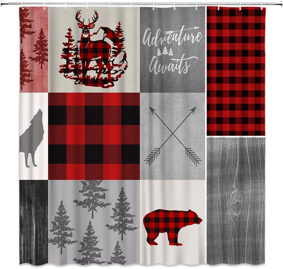 Cabin Shower Curtain Retro Rustic Lodge Bear Moose Deer Elk Wolf Forest Adventure Awaits Buffalo Plaid Country Hunting Style Home Bathroom Polyester Fabric Curtains with Hooks 90Wx70H Inch