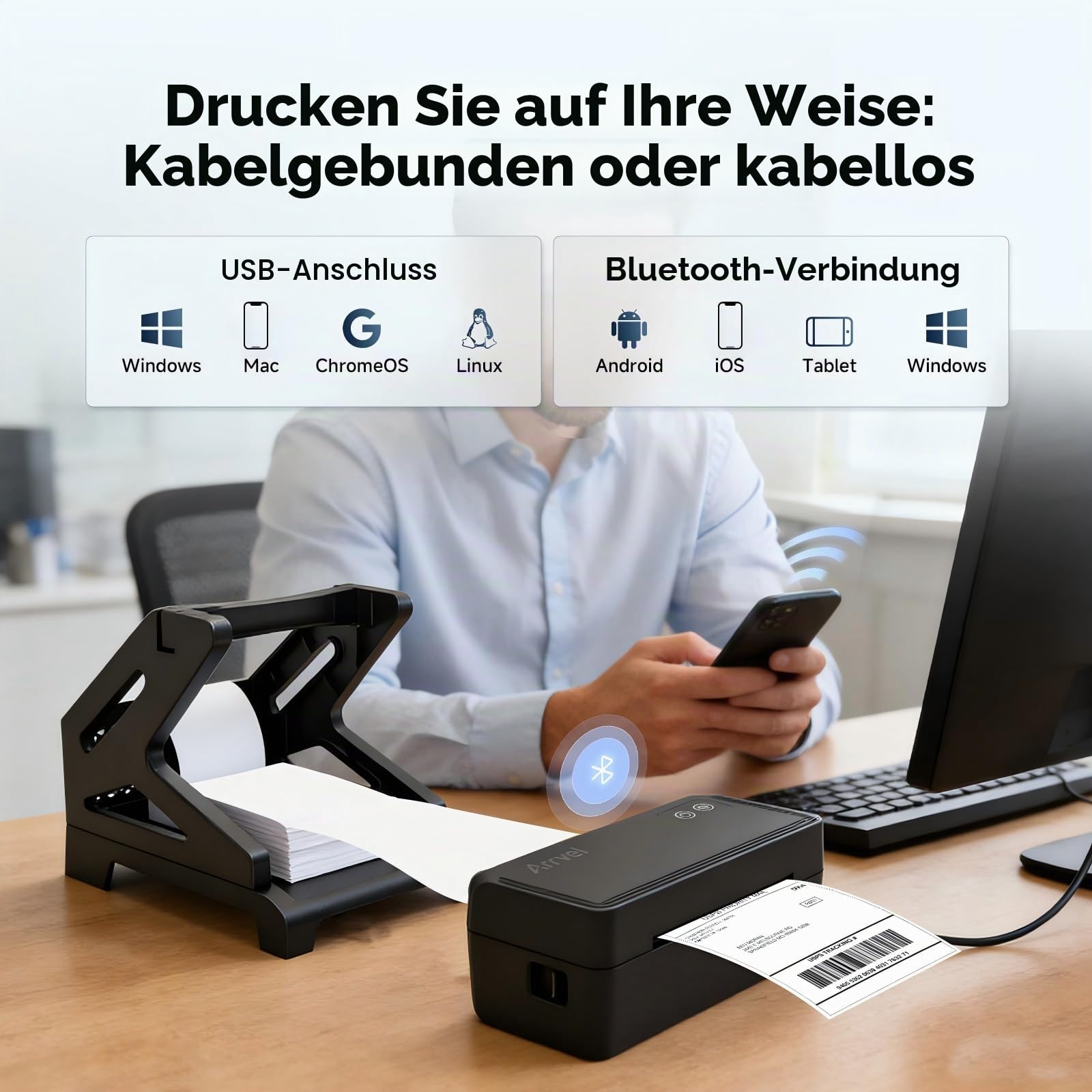 Bluetooth Etikettendrucker mit Ständer, 4x6 Label Printer Thermodrucker für Versandetiketten, kabelloser Labeldrucker für Amazon DHL Etsy Shopify, iPhone Android Windows Mac