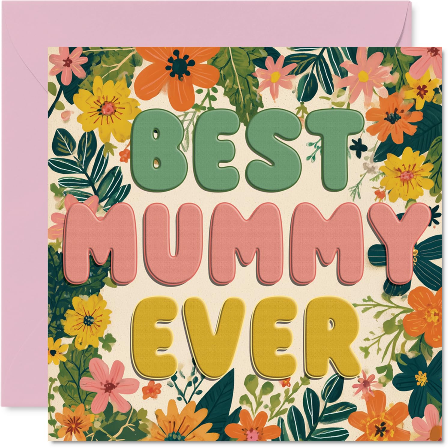 Heartfelt Birthday Card for Mummy - Bright Blooms and Bold Lettering, Mother's Day - 145mm Square, Envelope Included
