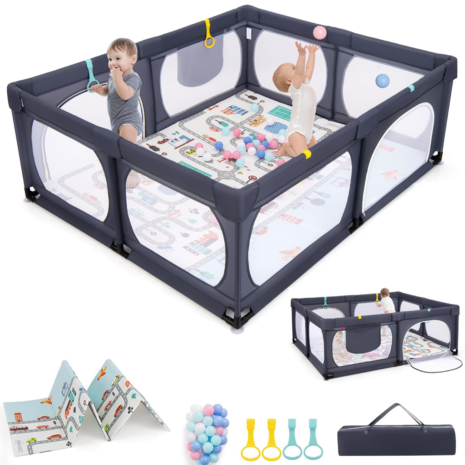 RELAX4LIFE Recinto Bambini 189 x 158 cm con Base a Ventosa, Materassino Pieghevole, Box Giochi, 4 Anelli e 50 Palline, 2 Entrate Laterali, Tasca Portaoggetti e Borsa Trasporto, Rete Traspirante