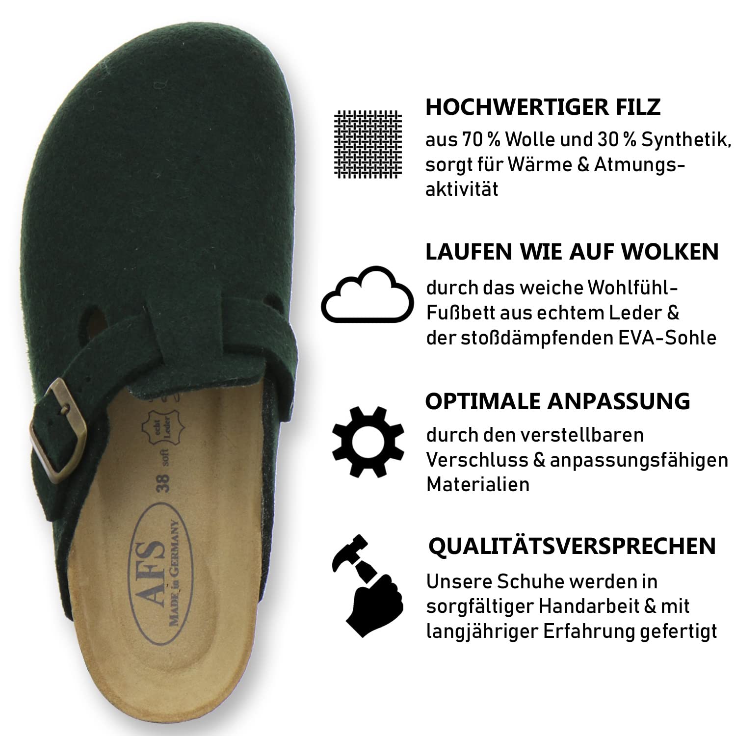 AFS-Schuhe 26900 - Pantofole da donna chiuse in feltro, comode e calde, made in Germany