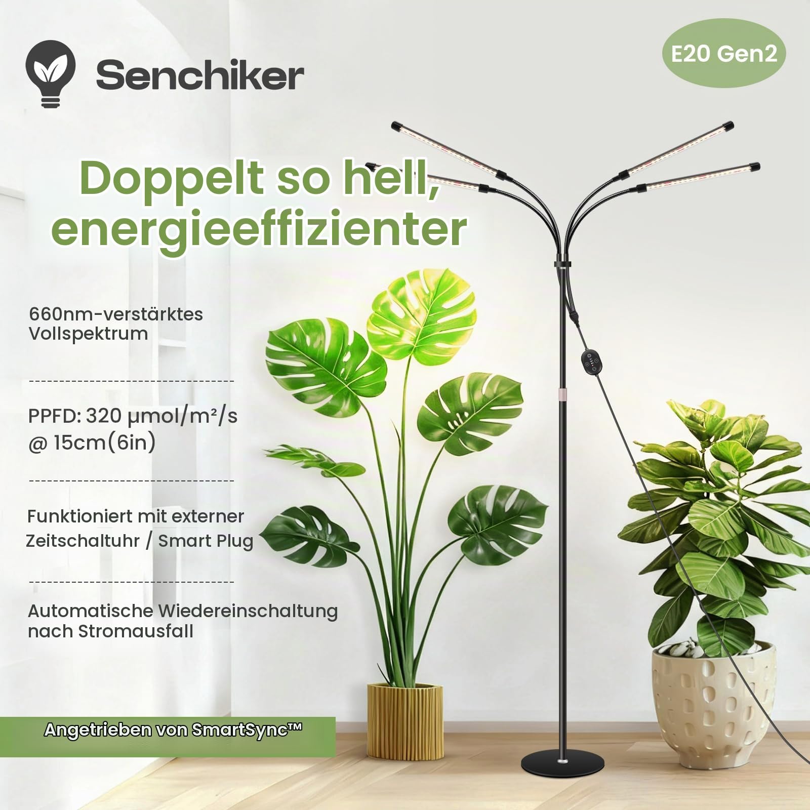 Boden-Pflanzenlampe 12V, 660nm-verstärktes Vollspektrum LED Pflanzenlicht mit 8/12/16H Timer, Smart Plug geeignet & automatische Wiederaufnahme, dimmbar, hohe PPFD 320 µmol/s/m²@15cm, 20W