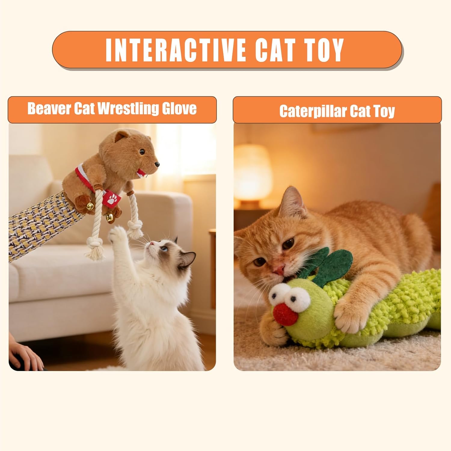 Cat Wrestling Glove Puppet with Bell – Interactive Kick Toy for Indoor Cats, Includes Catnip Caterpillar Toy, Bite Resistant & Safe Hand Protection for Training & Play