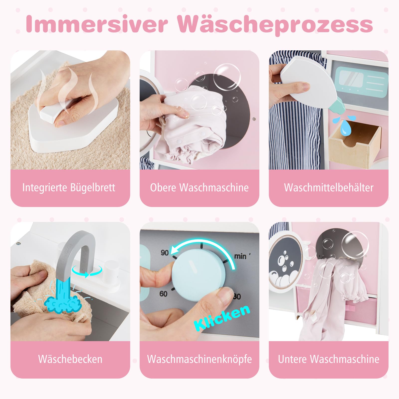 COSTWAY Kinder Waschmaschine Holz, Spielzeug Waschmaschine-Set mit Waschmittel, Bügeleisen, Kleiderbügeln & Stoffschublade, Wäsche-Set für Kinder ab 3 Jahren