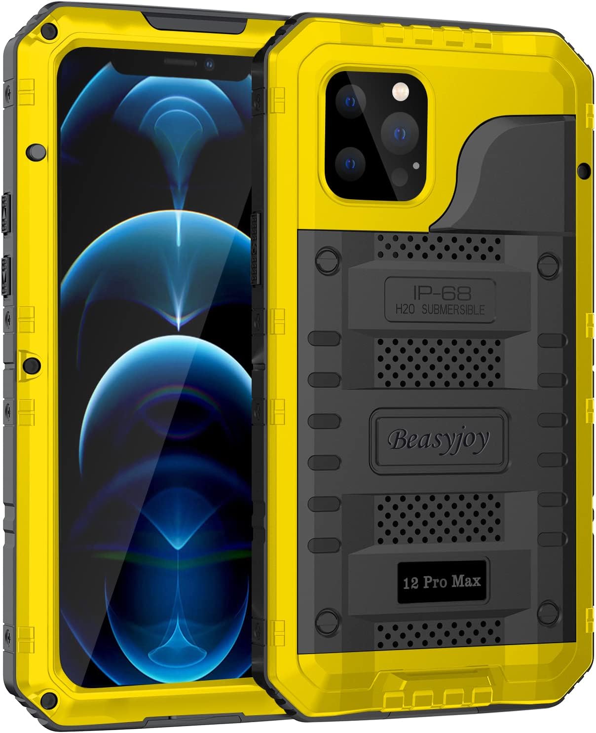 Beasyjoy Case for iPhone 12 Pro Max Waterproof, Metal Heavy Duty Case with Built in Screen Protector, Military Grade Full Body Protective Defender Rugged Phone Case 6.7 Inch(Yellow)