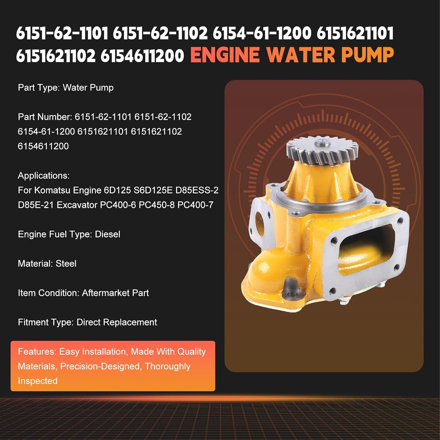 Water Pump 6151-62-1101 6151-62-1102 6154-61-1200 6151621101 6151621102 6154611200 Compatible with Komatsu Engine 6D125 S6D125E D85ESS-2 D85E-21 Excavator PC400-6 PC450-8 PC400-7