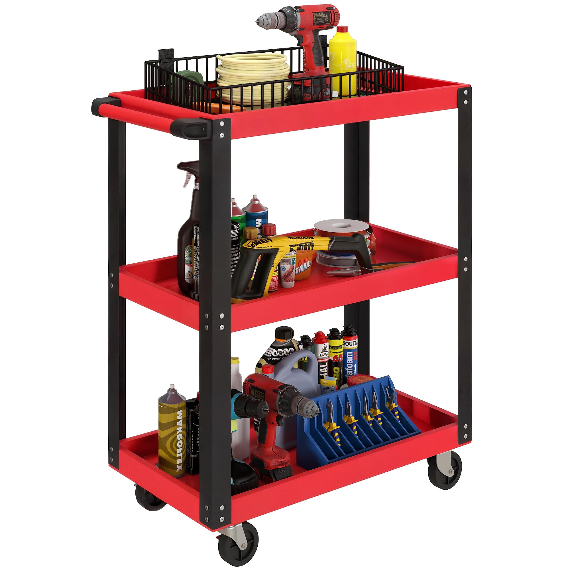 HOMCOM Carro de Taller, Carro de Herramientas con 3 Estantes, Ruedas con Frenos y Asa Lateral, para Garaje Mecánico, Hogar, Carga 120 kg, Rojo