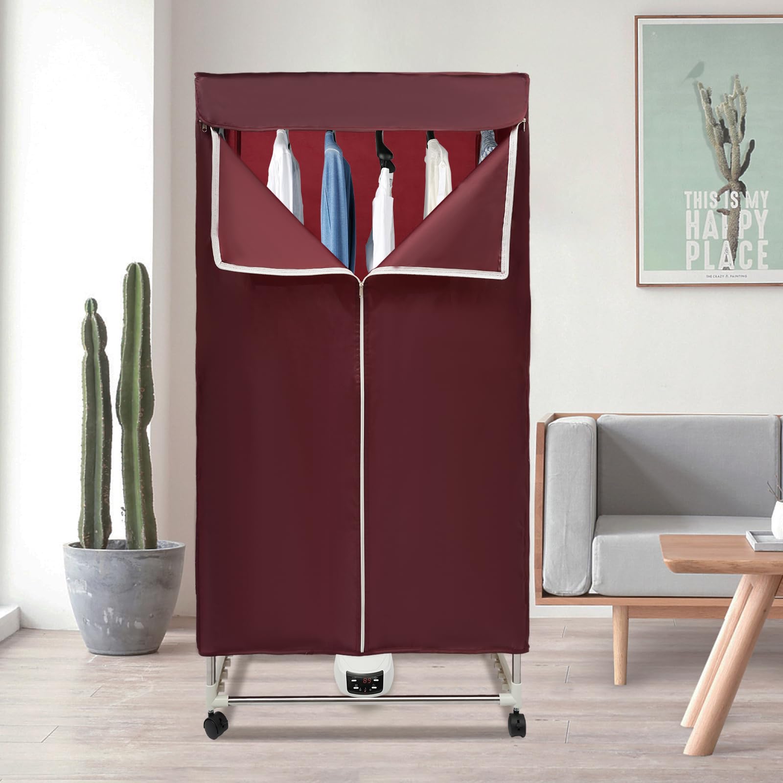 OUKANING Faltbarer Wäschetrockner Elektrisch 1500W, 45dB Leiser Tragbarer Trockenschrank Kleiderschrank mit Fernbedienung und Timer, IPX1, 30kg Tragkraft, PTC Heizung (Fernbedienung, Weinrot)