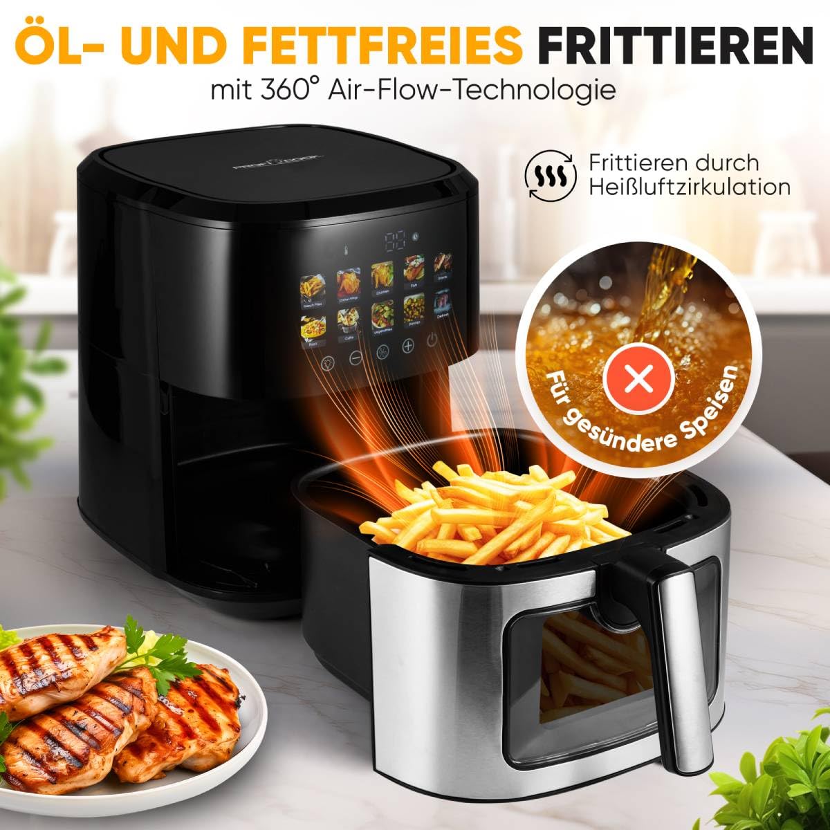 ProfiCook® Heißluftfritteuse 6,5L | Zubereitung ohne Öl oder Fett | Airfryer mit Color-Display | Heissluftfritteuse 9 Programme | 50-200°C | Air Fryer 1700W | Heißluftfritteuse XXL | PC FR 1286 H