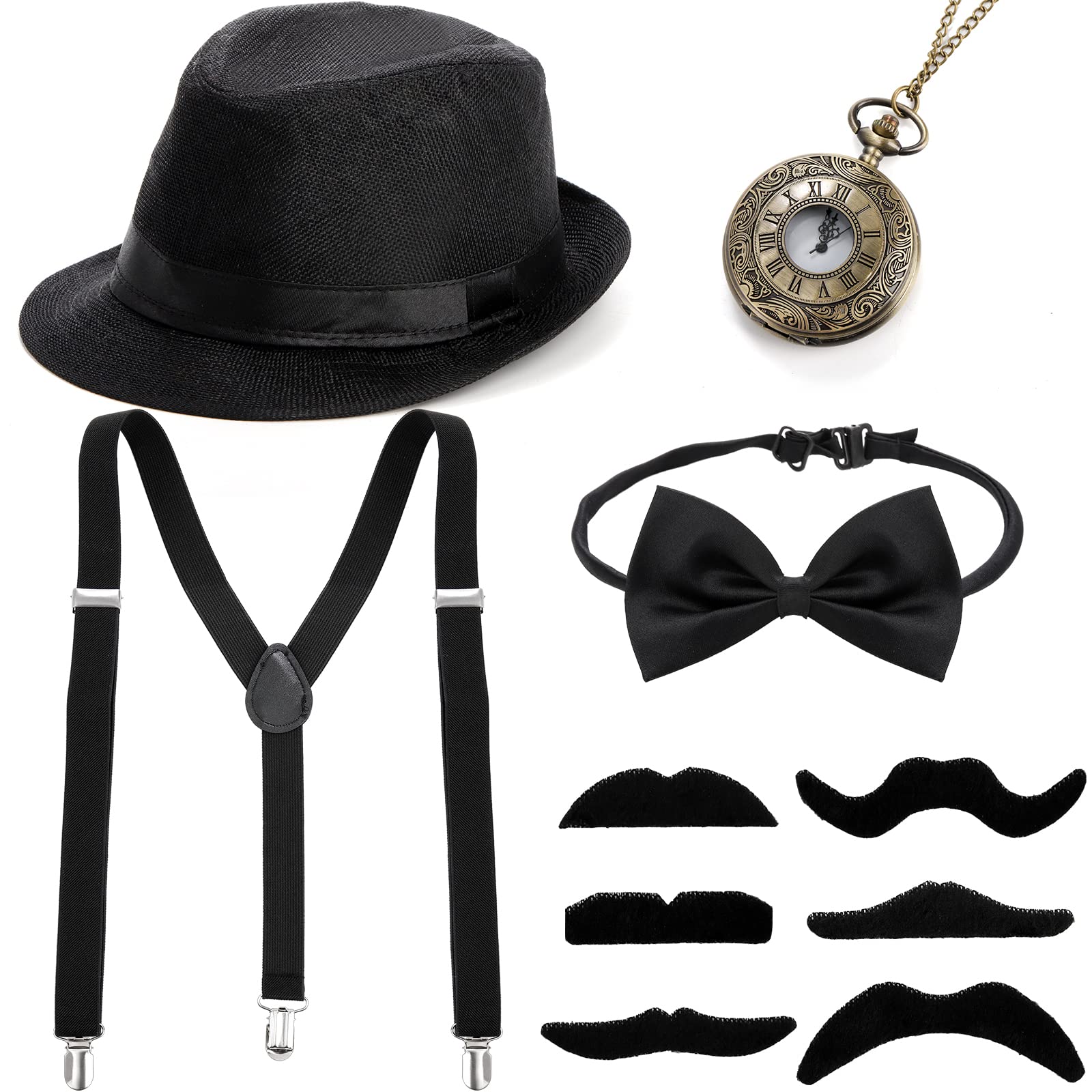 Coloch 1920s Mens Gatsby Gangster Accessories Set, 6 Pcs 1920s Great Gatsby Party Costume Men’s Roaring 20s Set, Hat