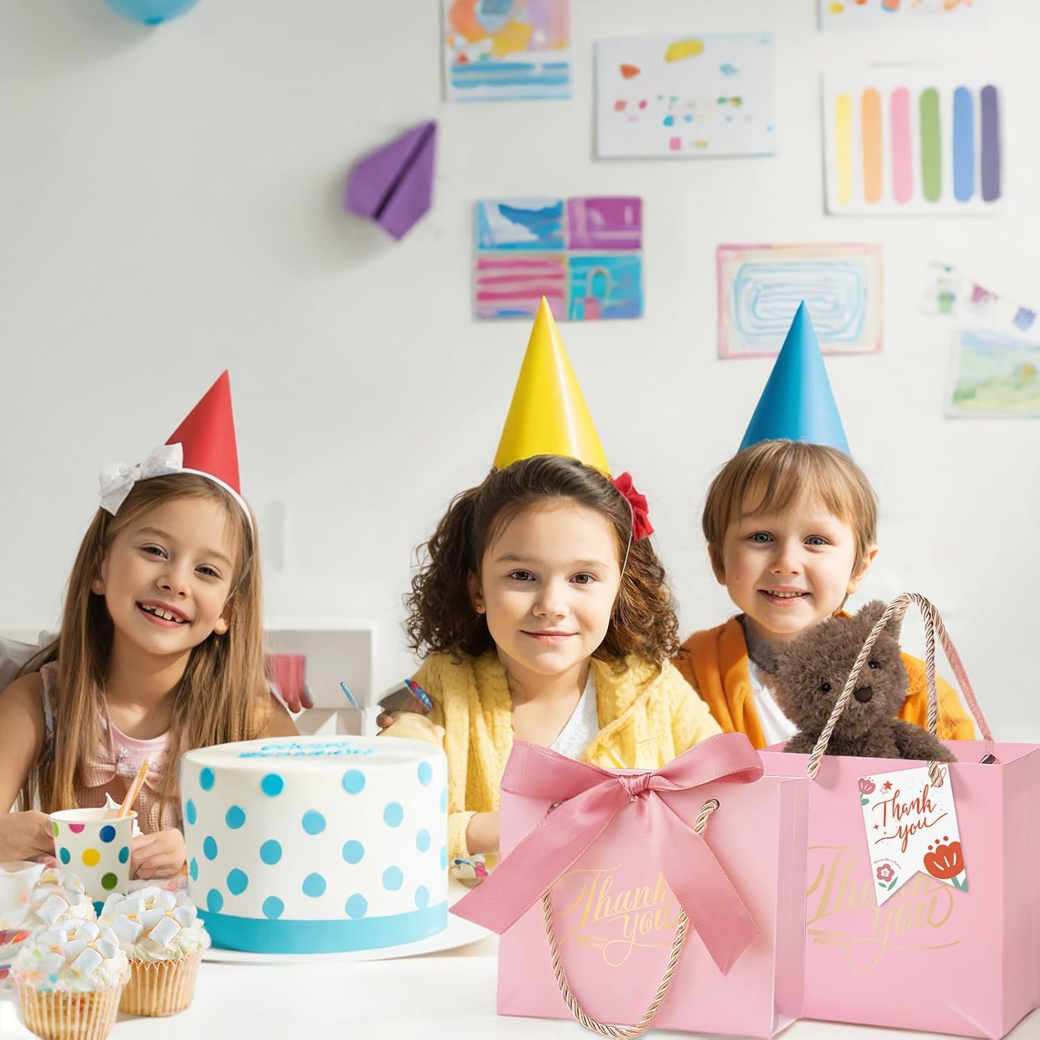 WATUNID 50PCS Small Thank You Gift Bags with Handles, 5.5''x 2.5''x 4.7'' Mini Gift Bags Bulk with Bow Ribbon, Party Favor Bags Candy Bags for Party Wedding Valentine's Day Baby Shower(Pink) - Image 7