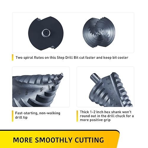 Miniatura 7 de Broca escalonada de 12 tamaños, brocas de acero de alta velocidad negras de 14 a 2-38 pulgadas para corte de agujeros de chapa, Sprial Unibit extra