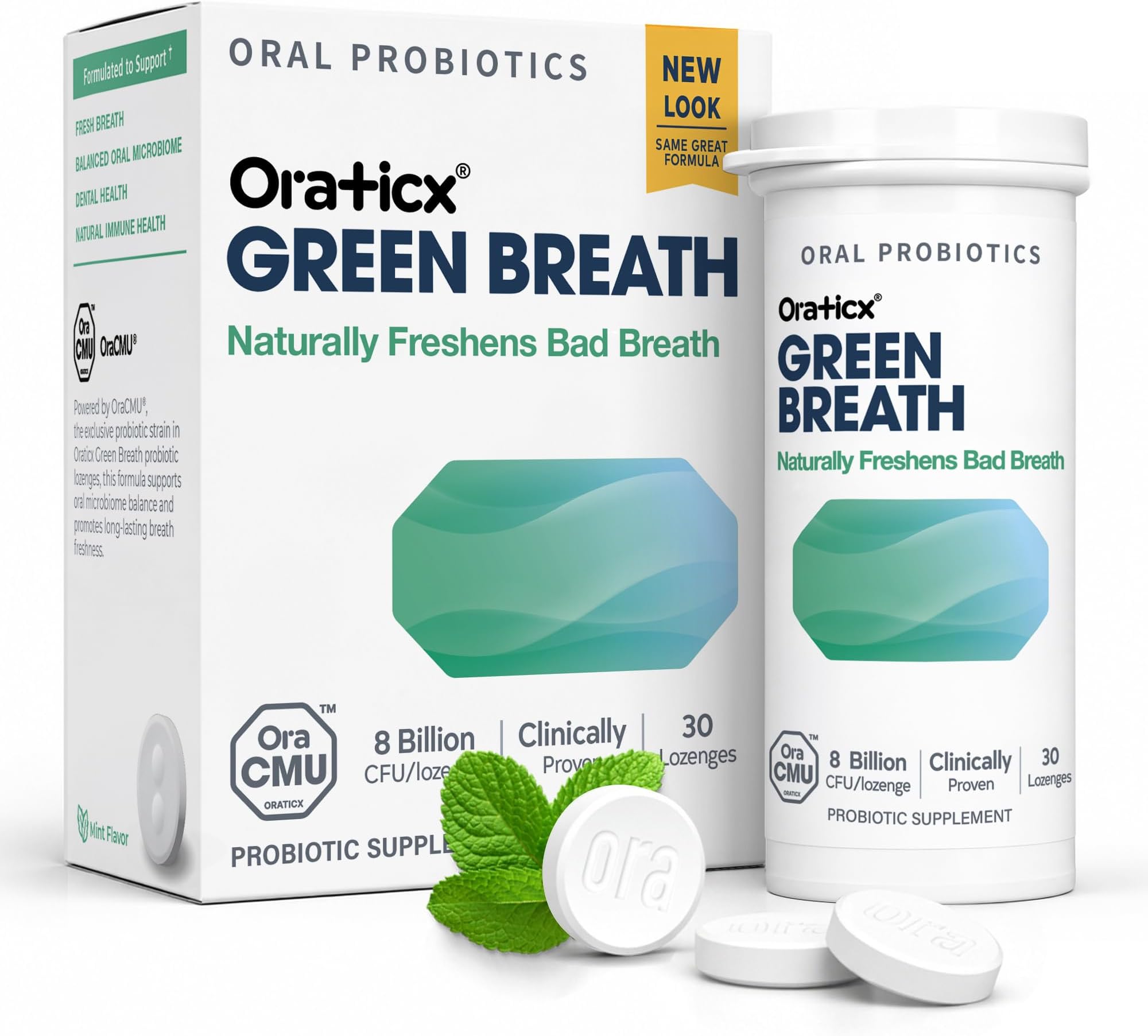 OraTicx Green Breath Oral Care Probiotics, Naturally Support Freshens Bad Breath & Healthy Mouth, Dental Probiotic Supplement 8 Billion CFU, Mint Flavor 30 Lozenges 1-PK