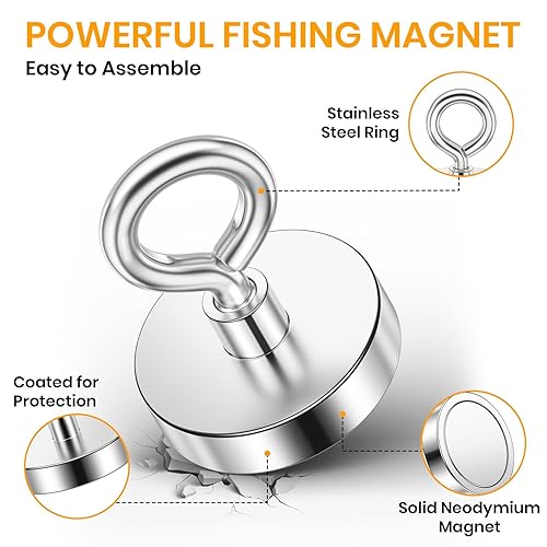 Miniatura 5 de VNDUEEY Imanes de pesca de neodimio, fuerza de tracción de 200 libras, imán de tierras raras con perno de ojo avellanado para recuperar en el lago