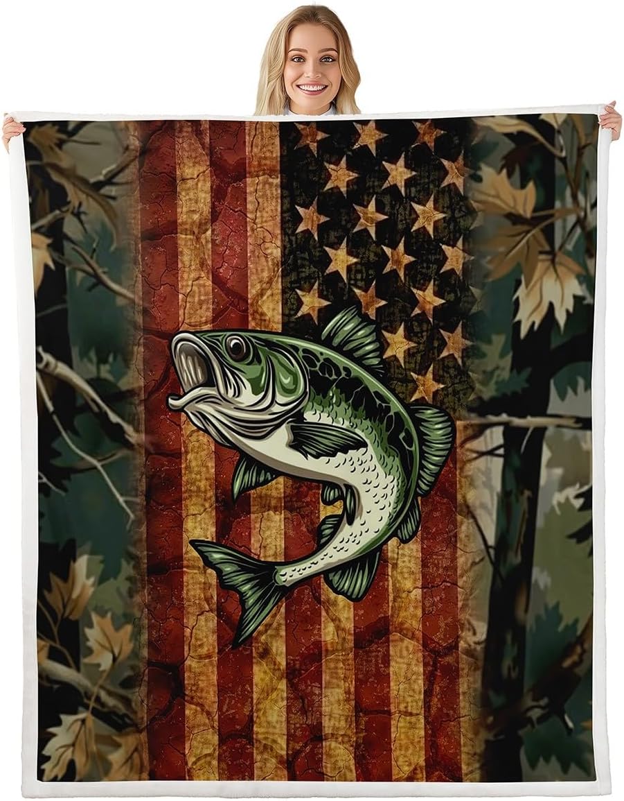 Erosebridal American Flag Camo Fleece Blanket Queen 90x90 Vinatge Bass Fish Fuzzy Plush Throw for Sofa Country Woodland Camouflage Rustic Sherpa Blanket Nature Dead Branches Pattern All Season