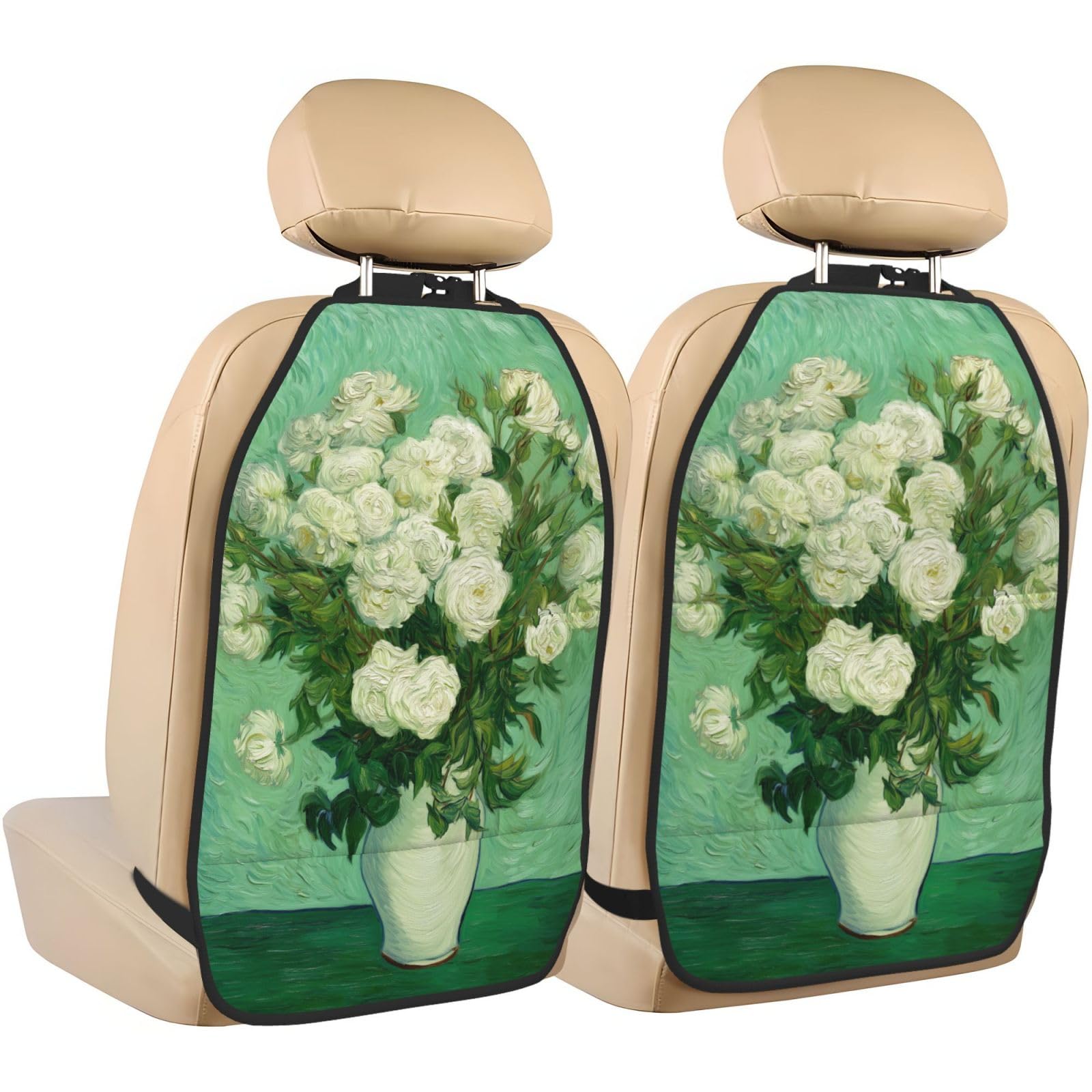 Bouquet Of White Roses In A White Vase Car Seat Back Kick Protectors,2 Pack Kick Mats With Storage Pockets For Vehicles To Protect From Dirt Mud Scratches
