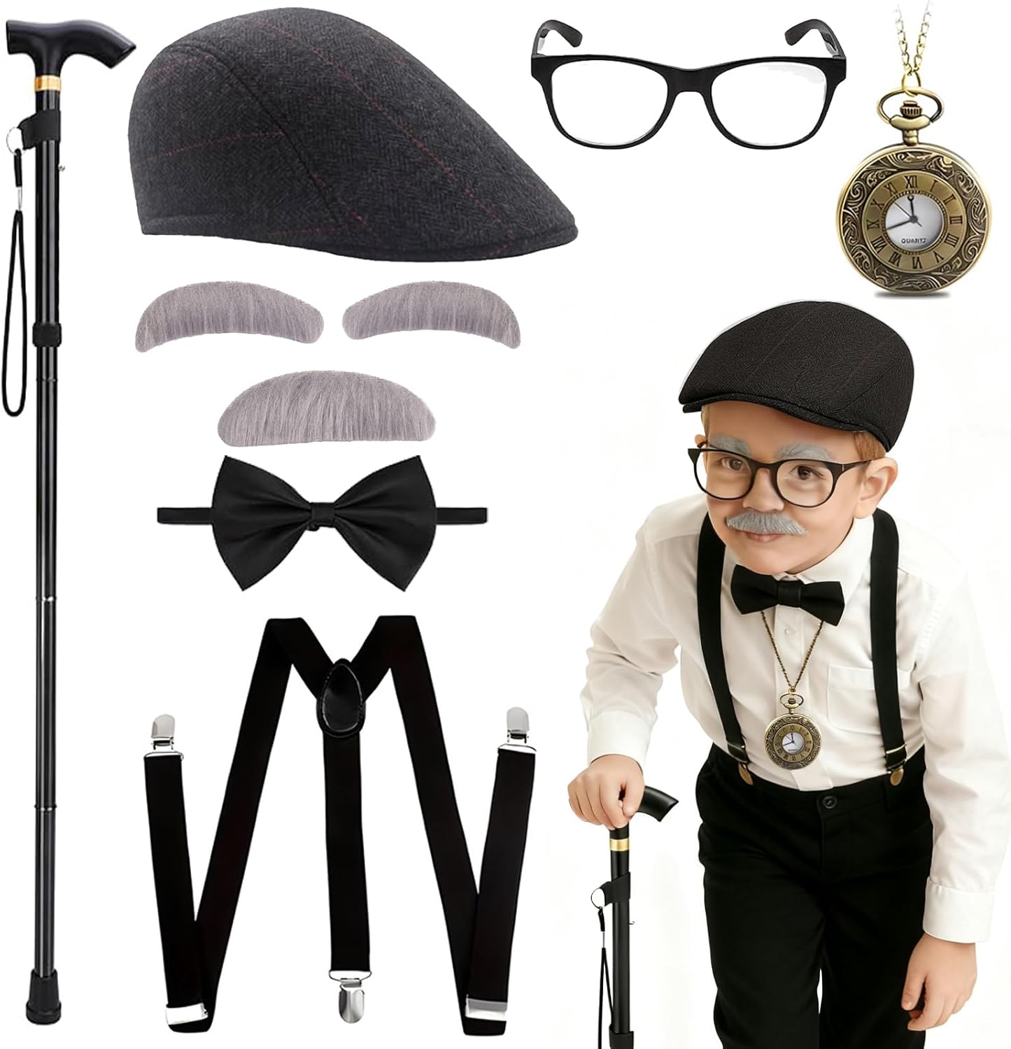 Yaliuliu Old Man Costume for Kids and Boys – 100 Days of School Costume Boys Dress Up, Grandpa Costume