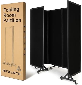 Folding Room Partition, 106"W x 67"H,Black | Office Partition Dividers, Privacy Divider Wall, Office Divides,Fully Foldable