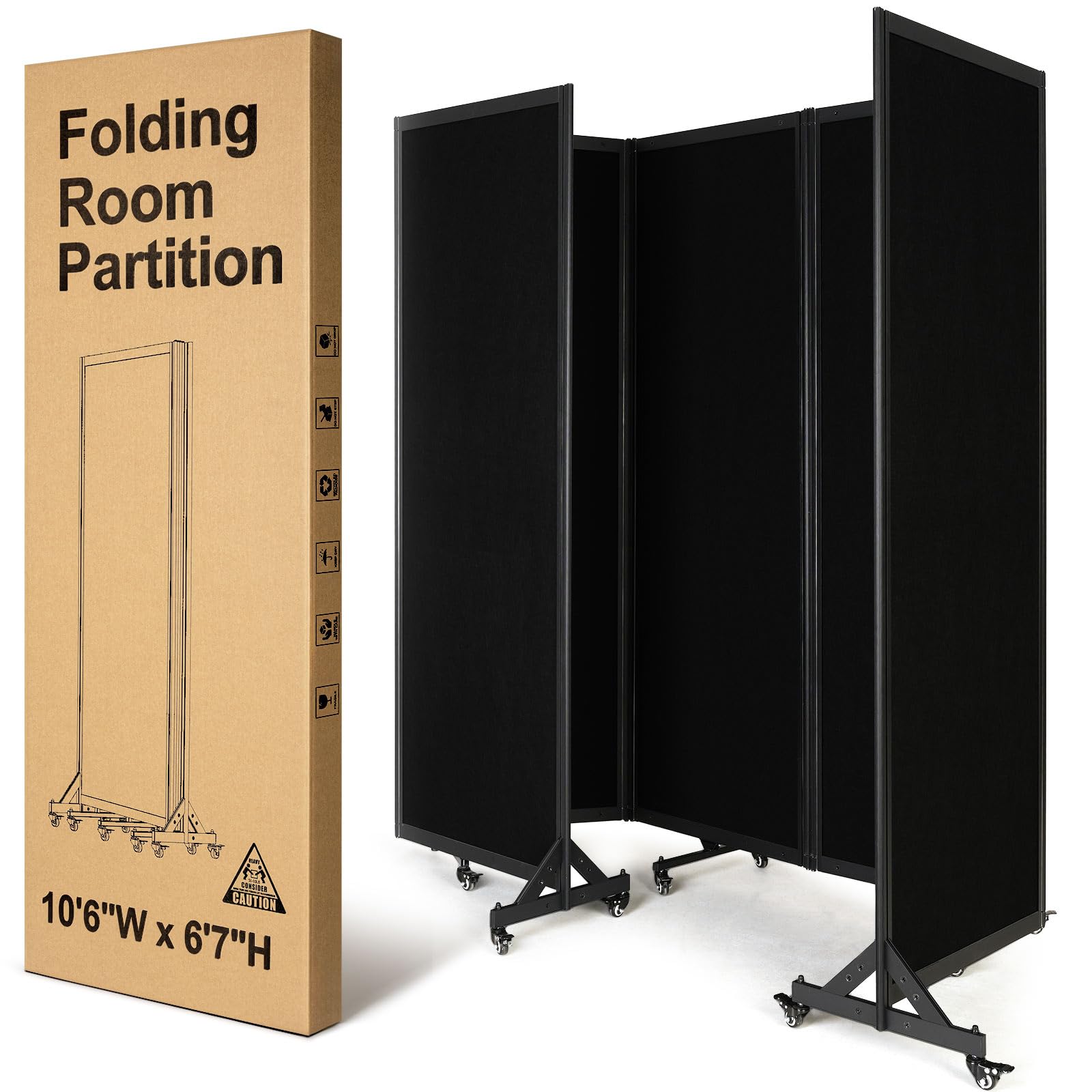 Folding Room Partition, Office Partition Dividers, Privacy Divider Wall, Office Divides, 10'6"W x 6'7"H,Black