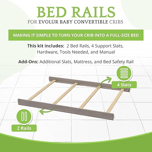 Vista 181 de Kit de conversión de tamaño completo, rieles de cama para cunas Evolur, kit convertible de cuna de madera maciza para cama de niños, rieles de Blanco