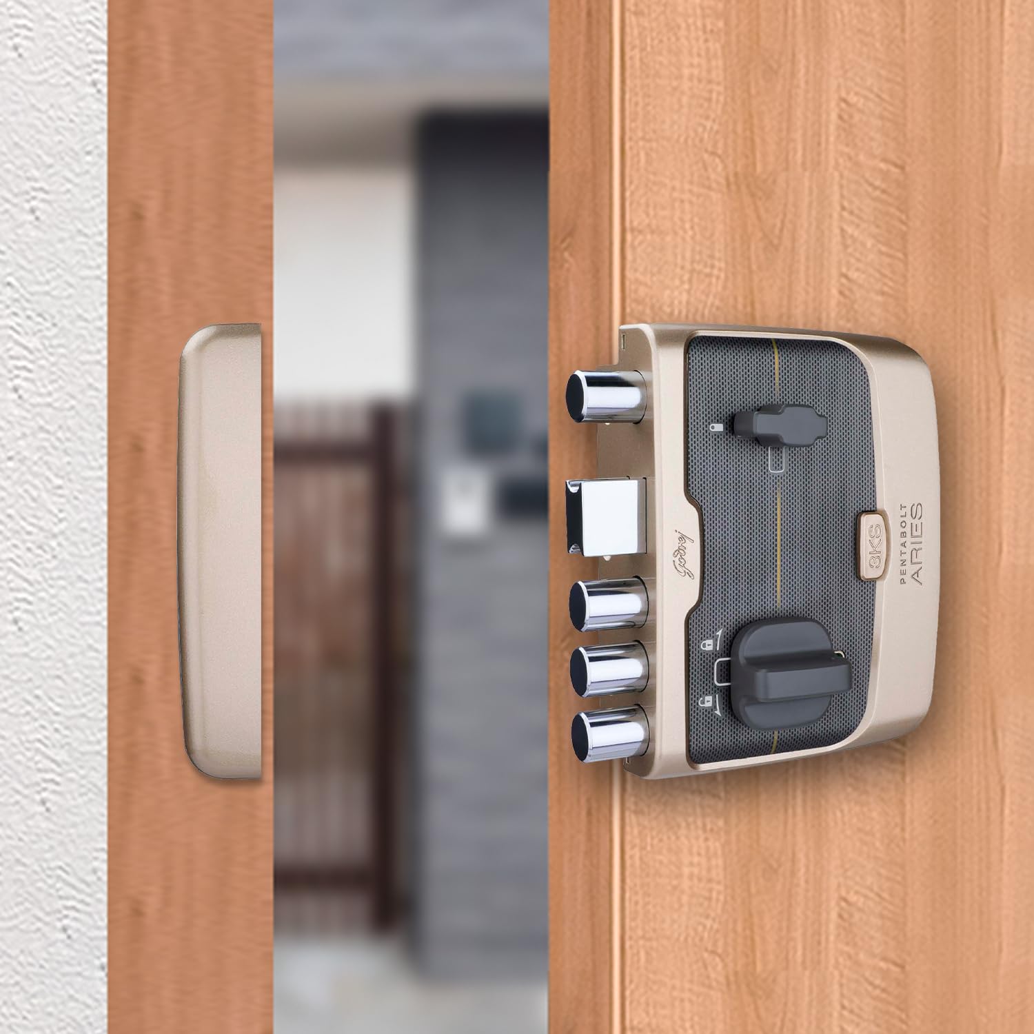 Godrej Rim Lock I Pentabolt Aries 3KS I 5 Bolts I 1CK Deadbolt I for Home Main Door I for Inside Opening Door l Left/Right Handed Doors I 4Keys I 15-Year Warranty I Manual Locking I Vegas Gold Finish-image-32