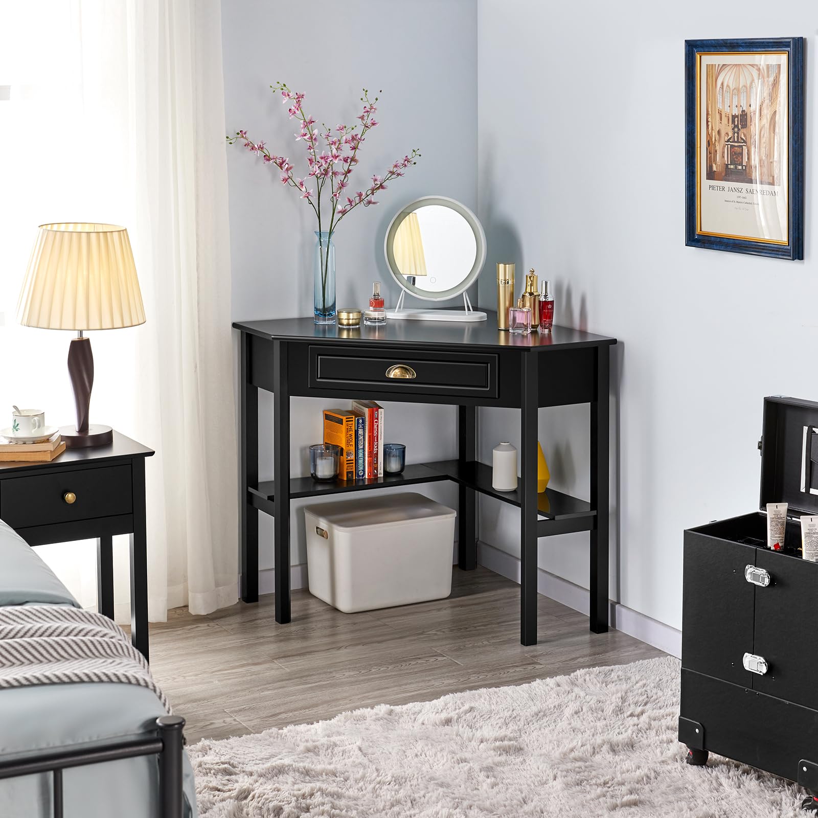 Yaheetech Bureau d'angle Poste de Travail Informatique Bureau en Bois avec Tiroir et Étagère de Rangement Design Classique et Élégant 106 × 71,5 × 76,5 cm Blanc